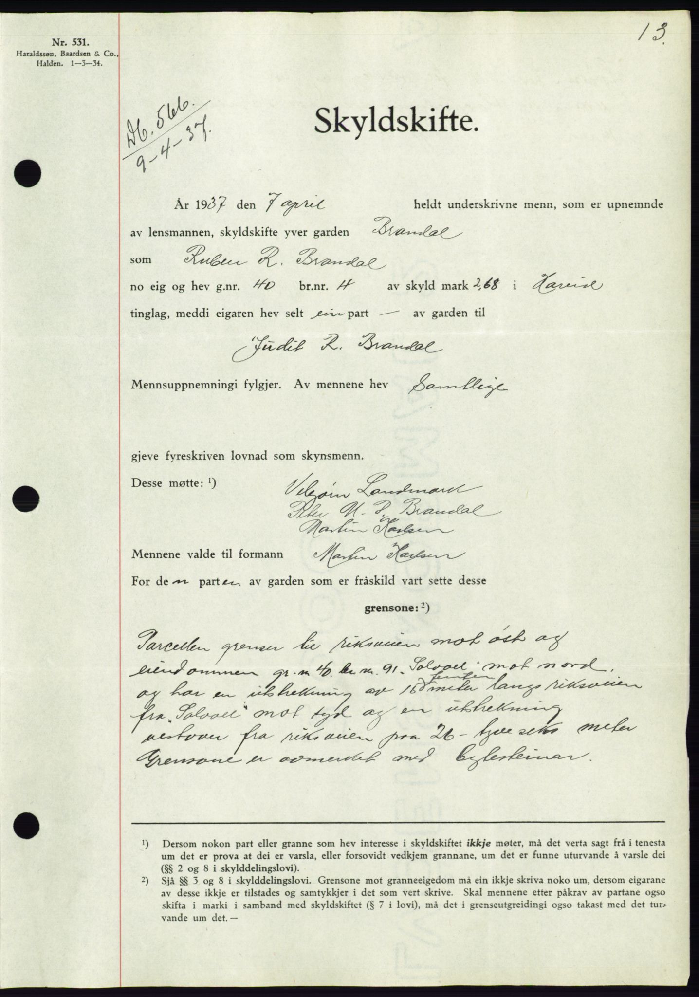 Søre Sunnmøre sorenskriveri, AV/SAT-A-4122/1/2/2C/L0063: Pantebok nr. 57, 1937-1937, Dagboknr: 566/1937