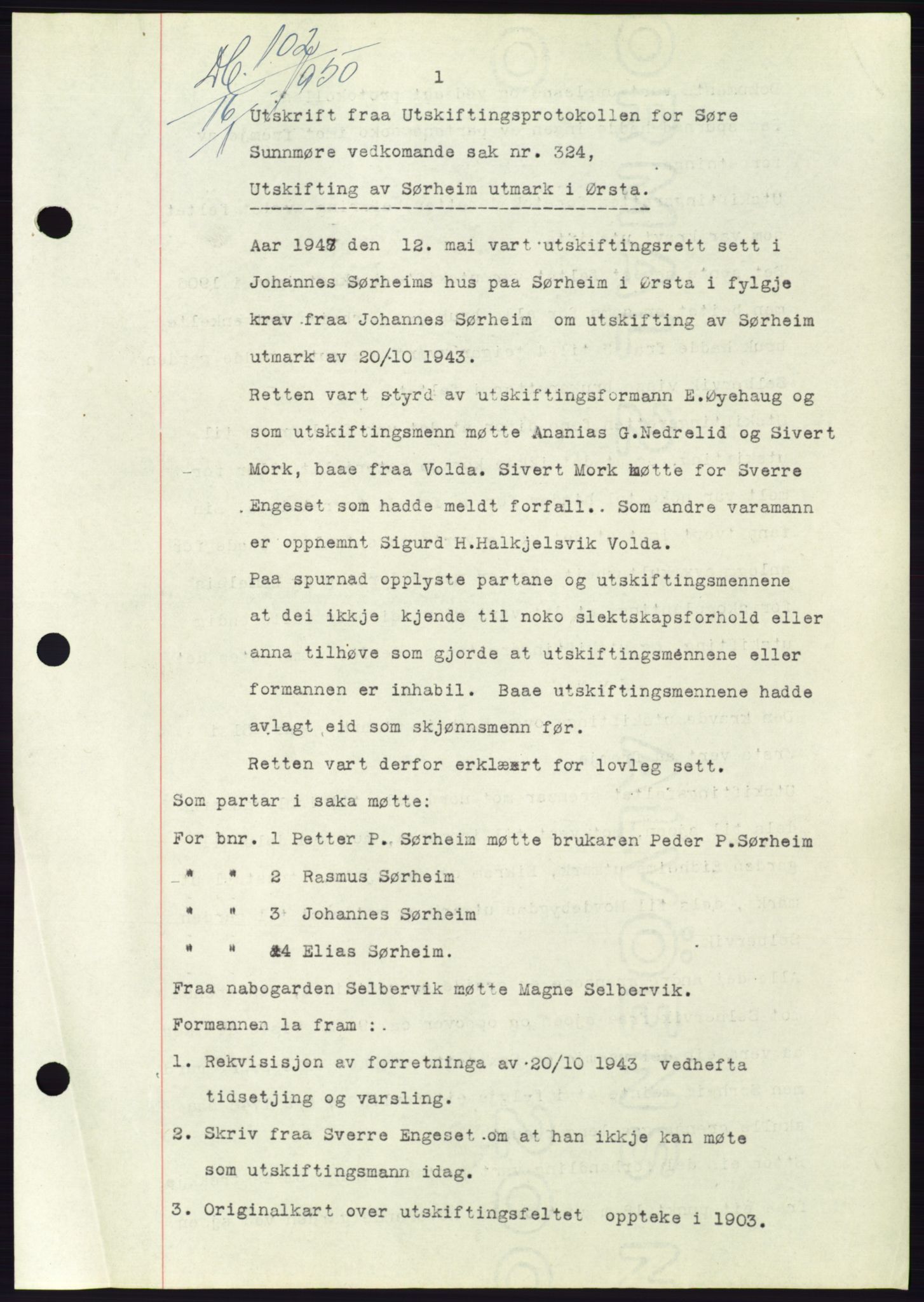 Søre Sunnmøre sorenskriveri, SAT/A-4122/1/2/2C/L0086: Pantebok nr. 12A, 1949-1950, Dagboknr: 102/1950