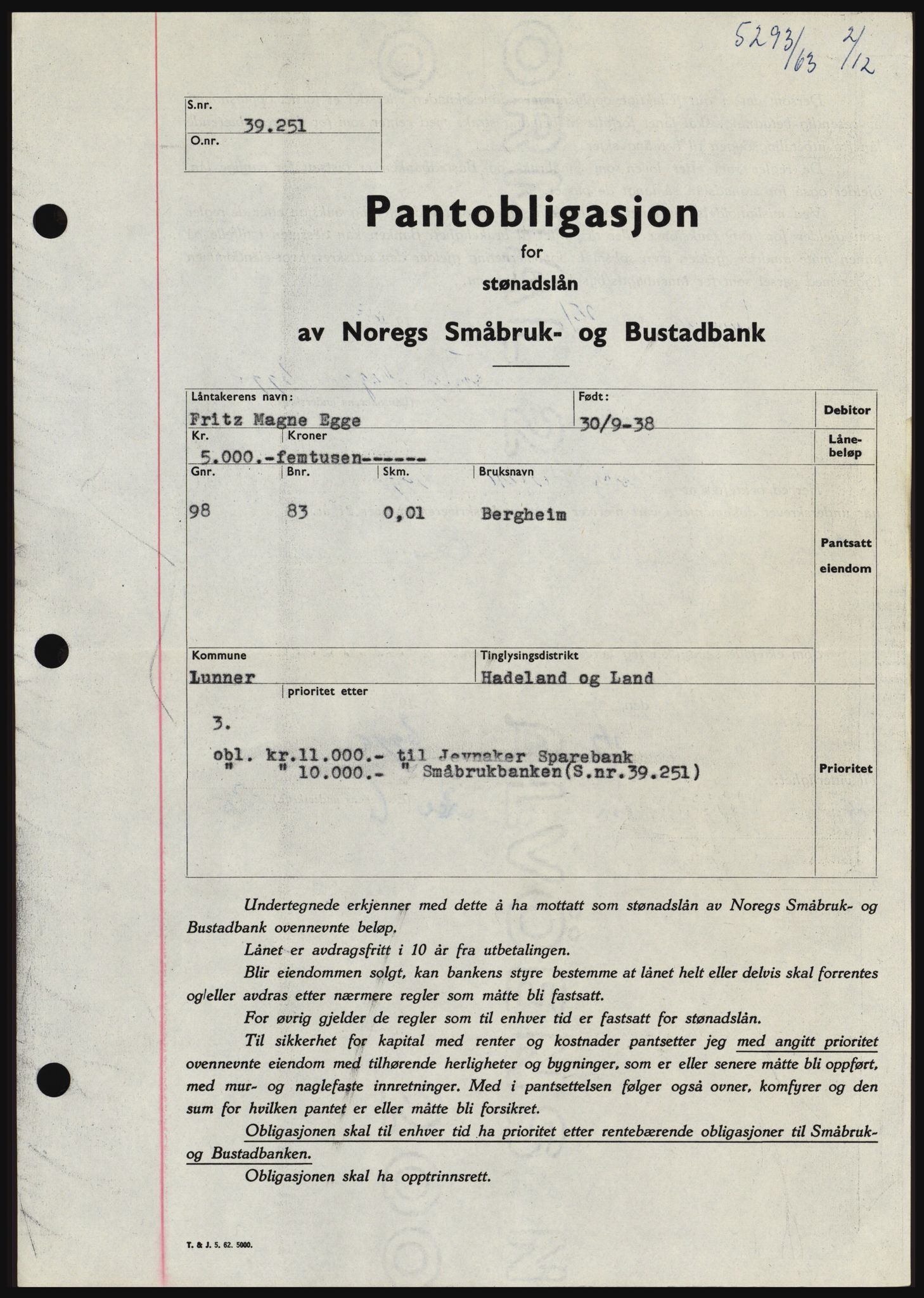 Hadeland og Land tingrett, SAH/TING-010/H/Hb/Hbc/L0053: Pantebok nr. B53, 1963-1964, Dagboknr: 5293/1963