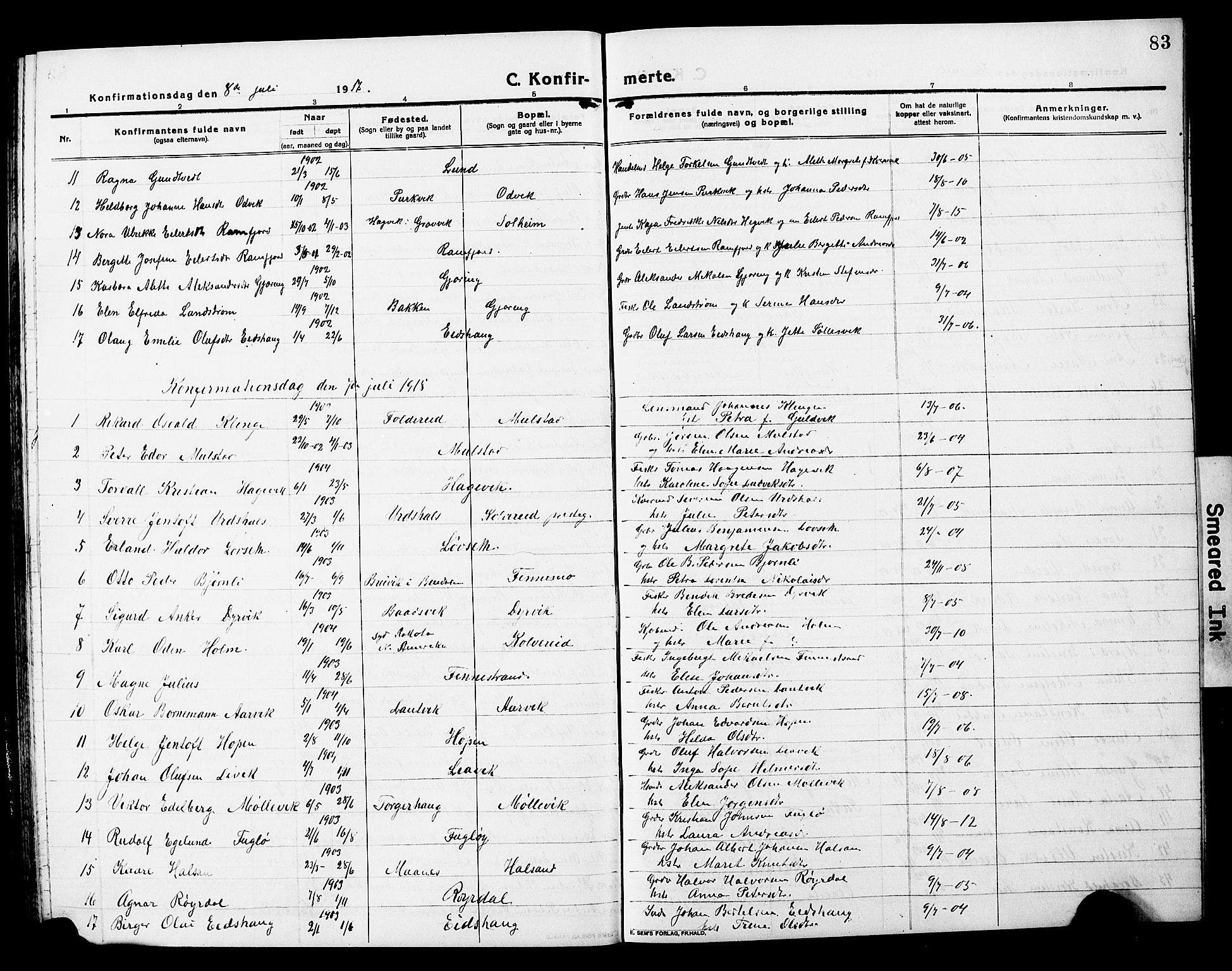 Ministerialprotokoller, klokkerbøker og fødselsregistre - Nord-Trøndelag, SAT/A-1458/780/L0653: Klokkerbok nr. 780C05, 1911-1927, s. 83