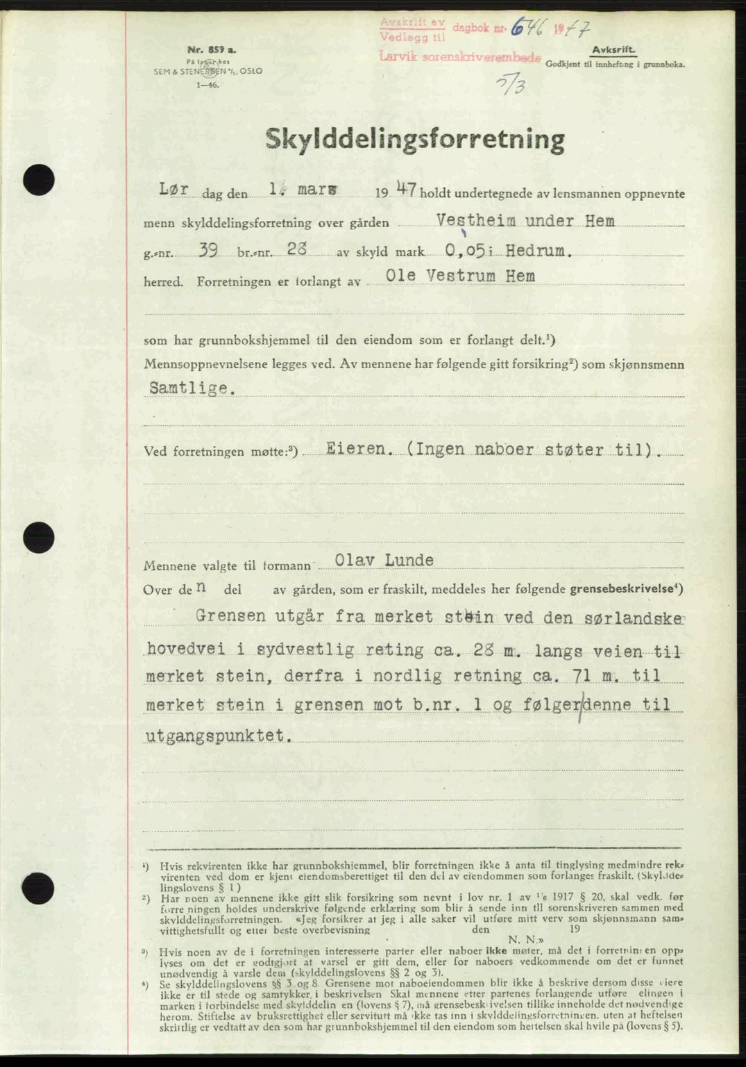 Larvik sorenskriveri, SAKO/A-83/G/Ga/Gab/L0083: Pantebok nr. A-17, 1946-1947, Dagboknr: 646/1947