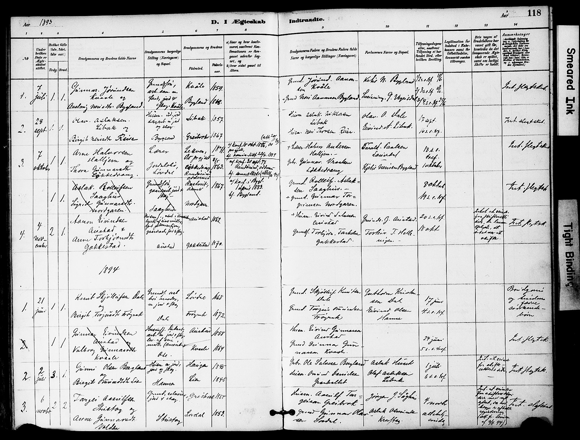Bygland sokneprestkontor, AV/SAK-1111-0006/F/Fa/Fab/L0007: Ministerialbok nr. A 7, 1885-1909, s. 118