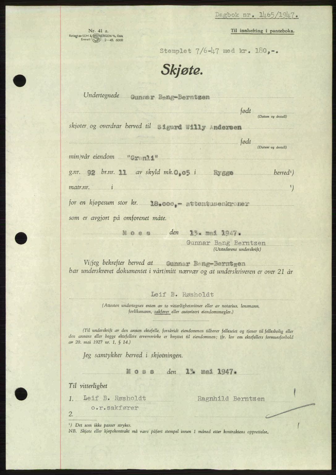 Moss sorenskriveri, SAO/A-10168: Pantebok nr. A17, 1947-1947, Dagboknr: 1465/1947