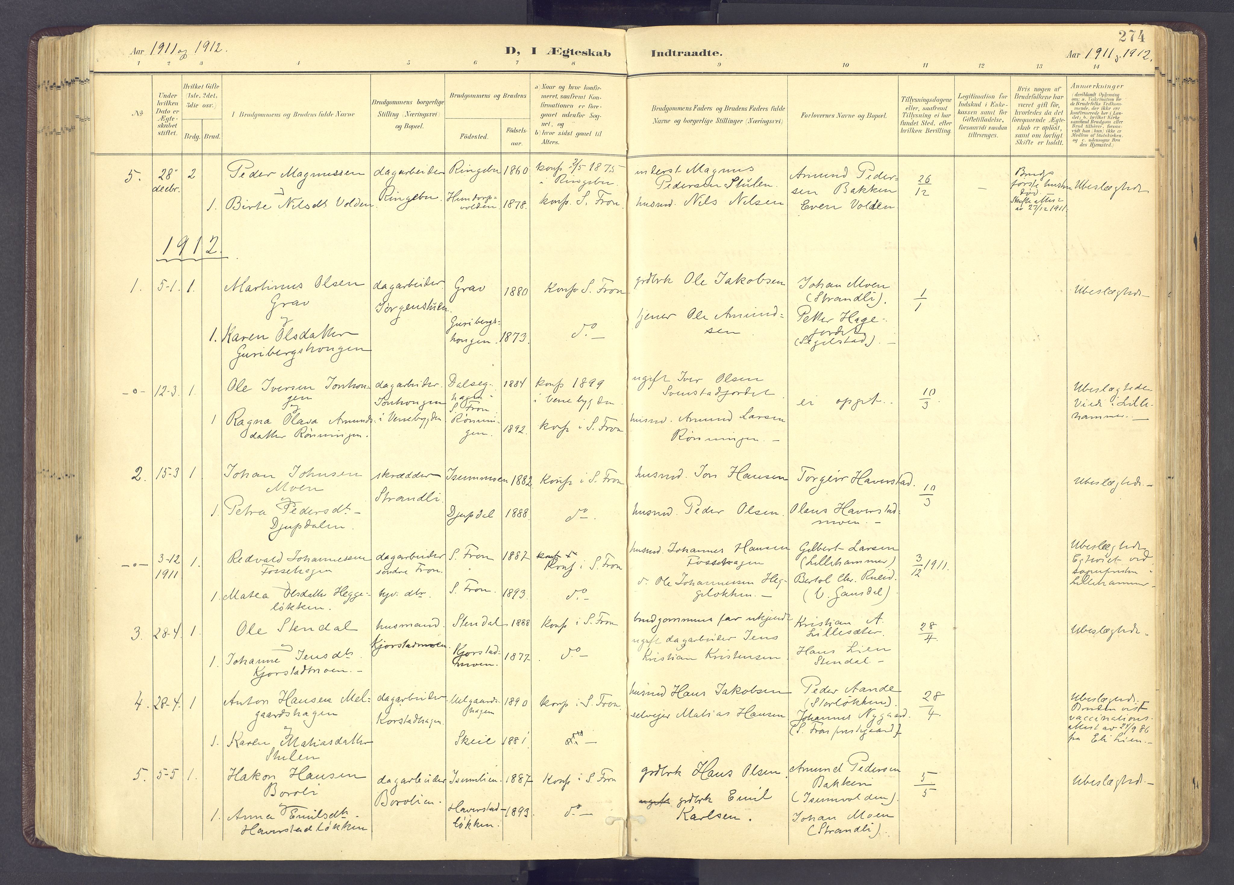 Sør-Fron prestekontor, AV/SAH-PREST-010/H/Ha/Haa/L0004: Ministerialbok nr. 4, 1898-1919, s. 274