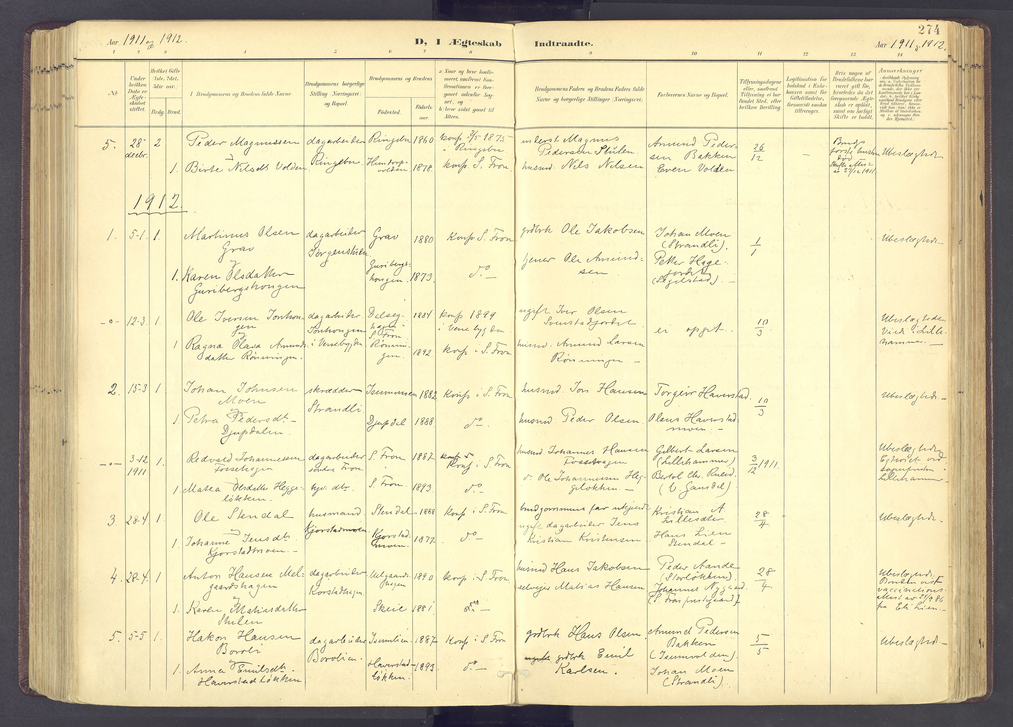 Sør-Fron prestekontor, SAH/PREST-010/H/Ha/Haa/L0004: Ministerialbok nr. 4, 1898-1919, s. 274