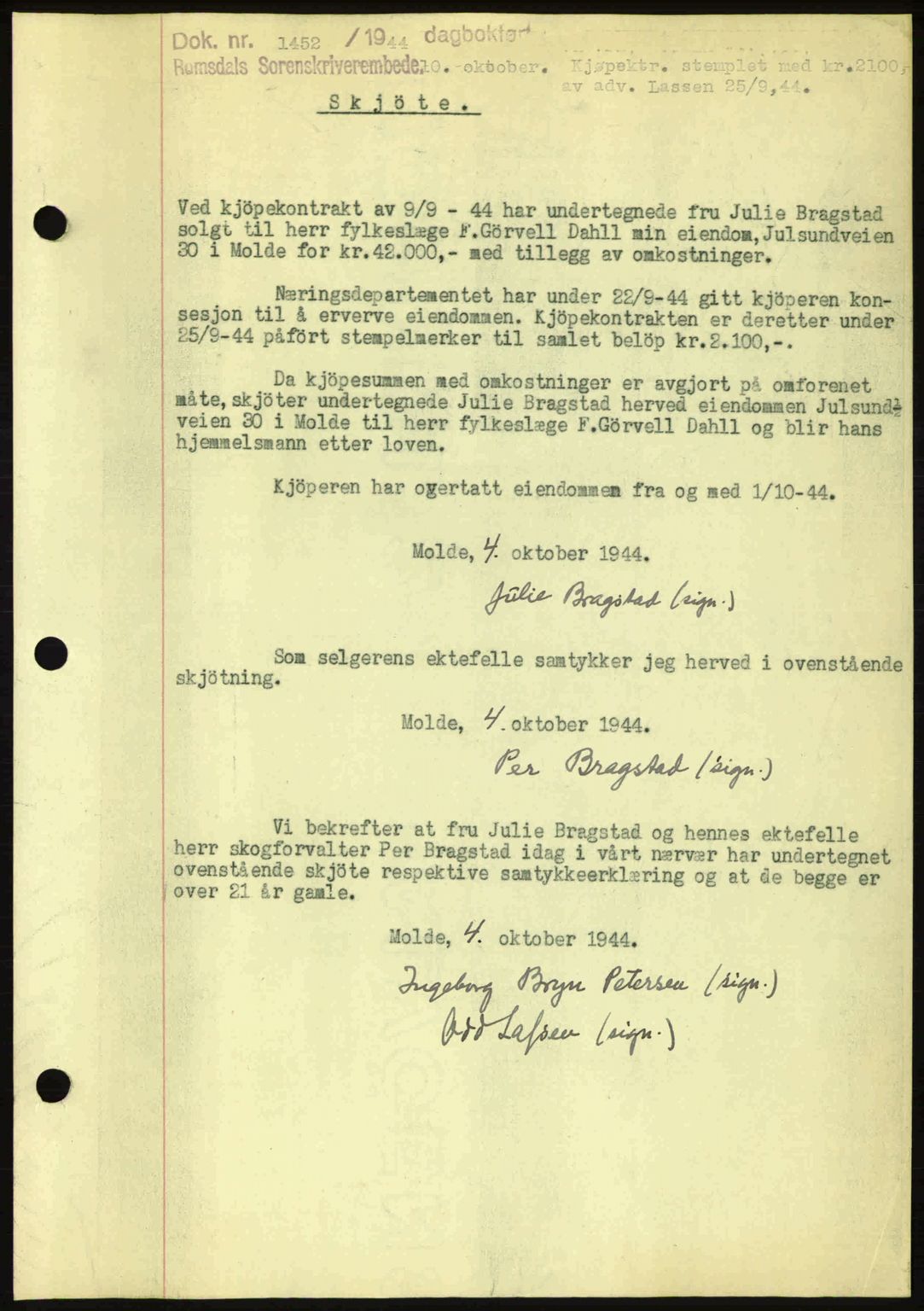 Romsdal sorenskriveri, SAT/A-4149/1/2/2C: Pantebok nr. A17, 1944-1945, Dagboknr: 1452/1944