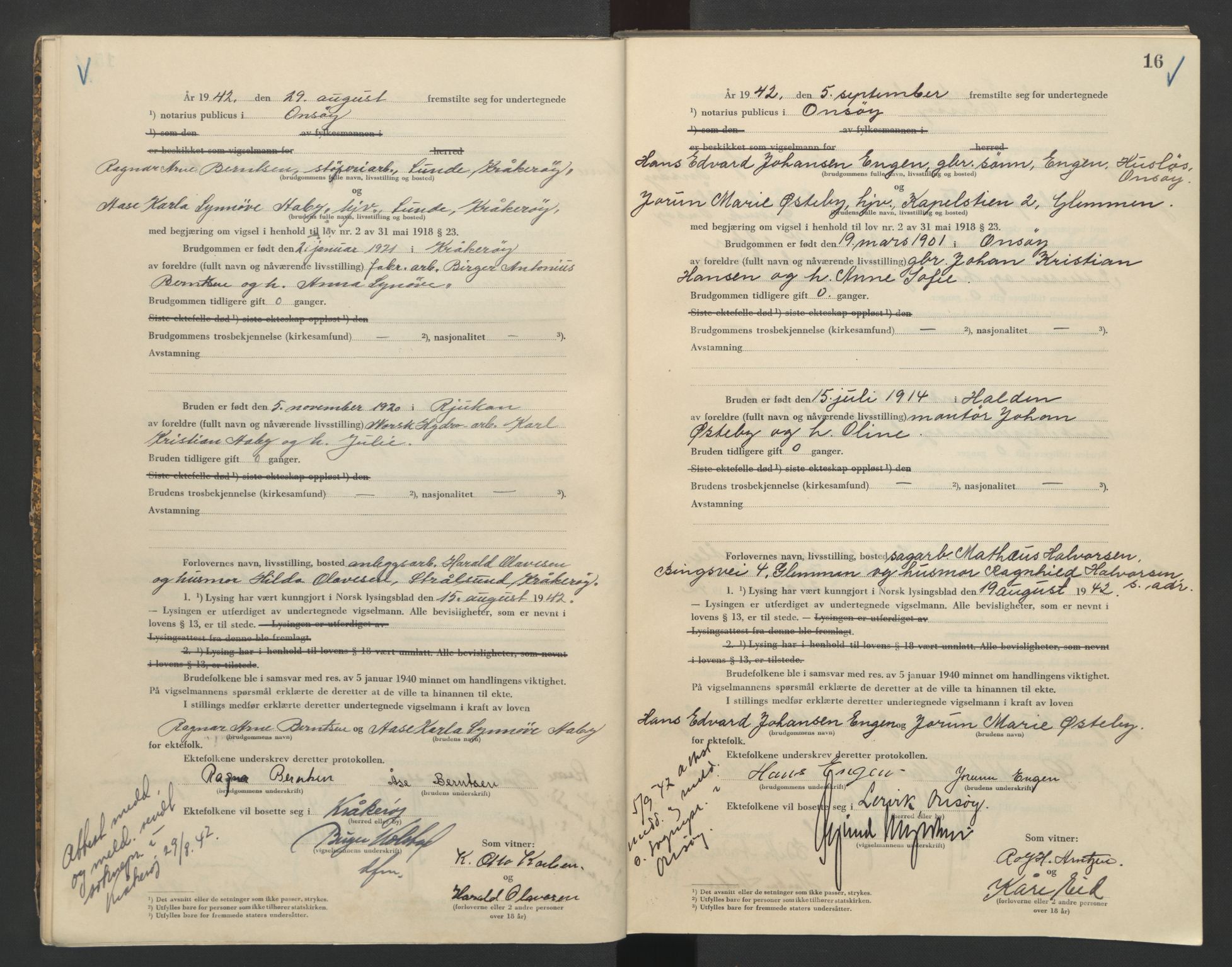 Onsøy sorenskriveri, AV/SAO-A-10474/L/La/L0002: Vigselsbok, 1942-1943, s. 16