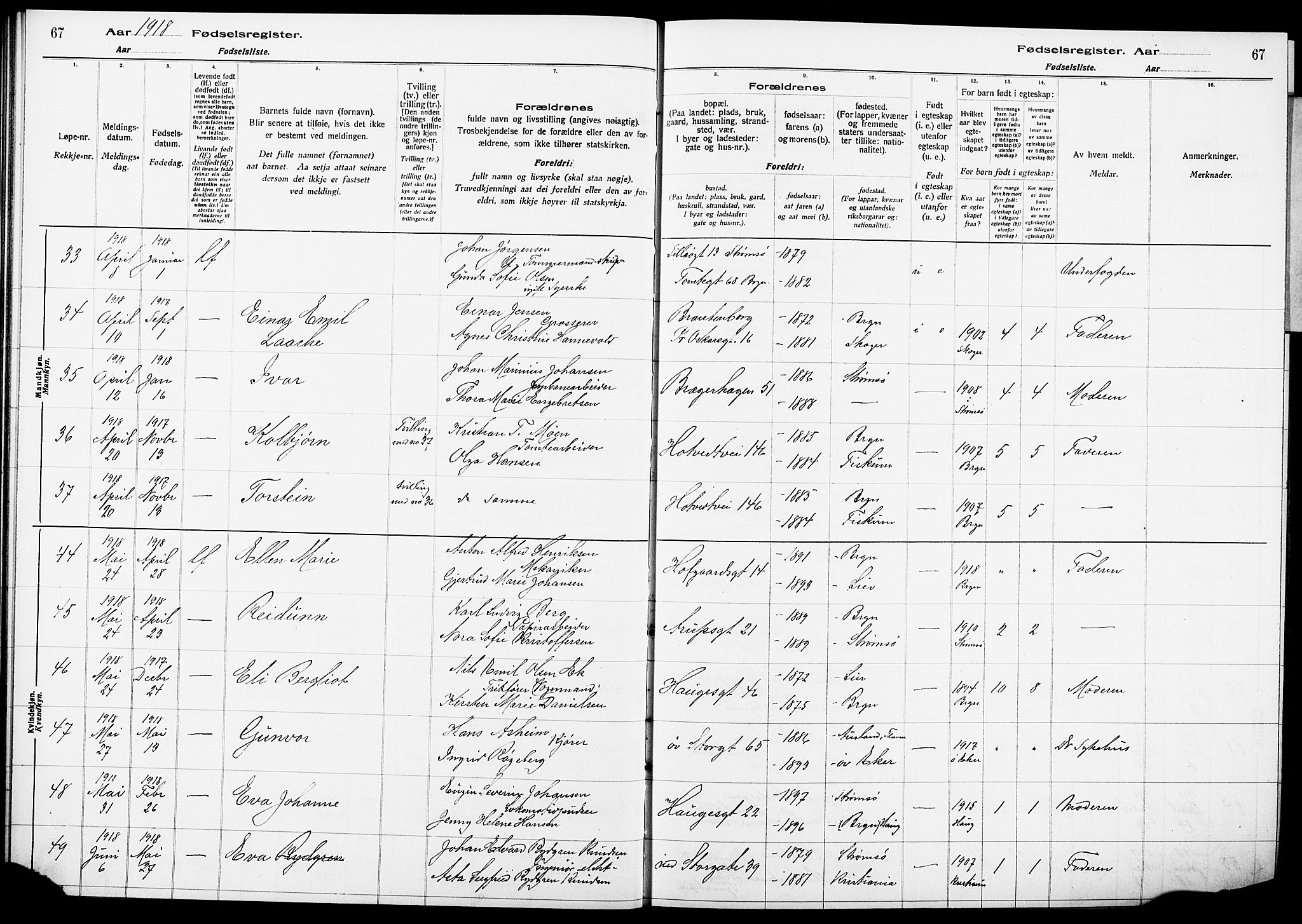Bragernes kirkebøker, AV/SAKO-A-6/J/Ja/L0001: Fødselsregister nr. 1, 1916-1922, s. 67