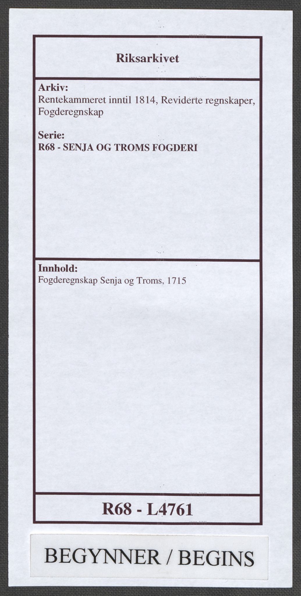 Rentekammeret inntil 1814, Reviderte regnskaper, Fogderegnskap, AV/RA-EA-4092/R68/L4761: Fogderegnskap Senja og Troms, 1715, s. 1