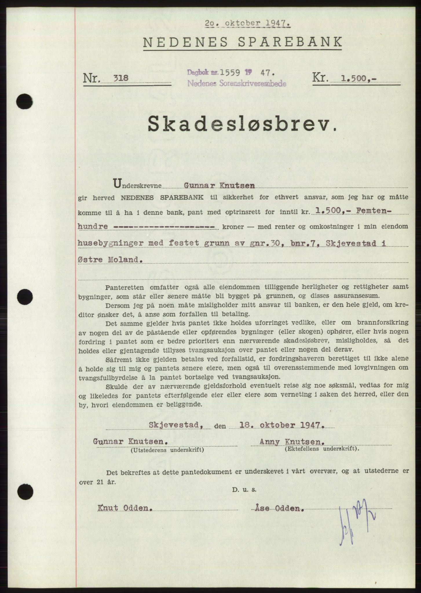 Nedenes sorenskriveri, SAK/1221-0006/G/Gb/Gbb/L0004: Pantebok nr. B4, 1947-1947, Dagboknr: 1559/1947