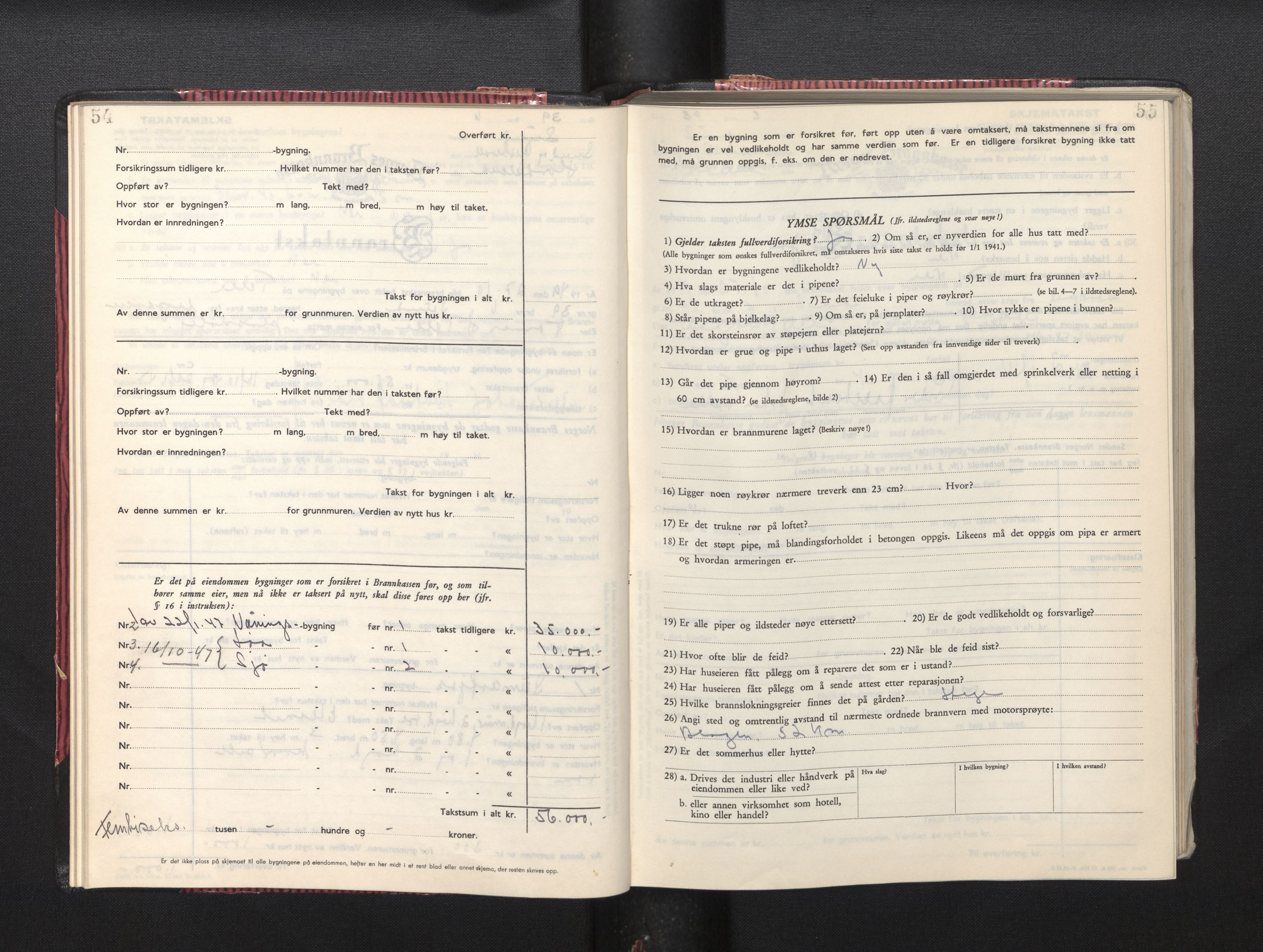 Lensmannen i Sund og Austevoll, AV/SAB-A-35201/0012/L0005: Branntakstprotokoll, skjematakst, 1949-1955, s. 54-55