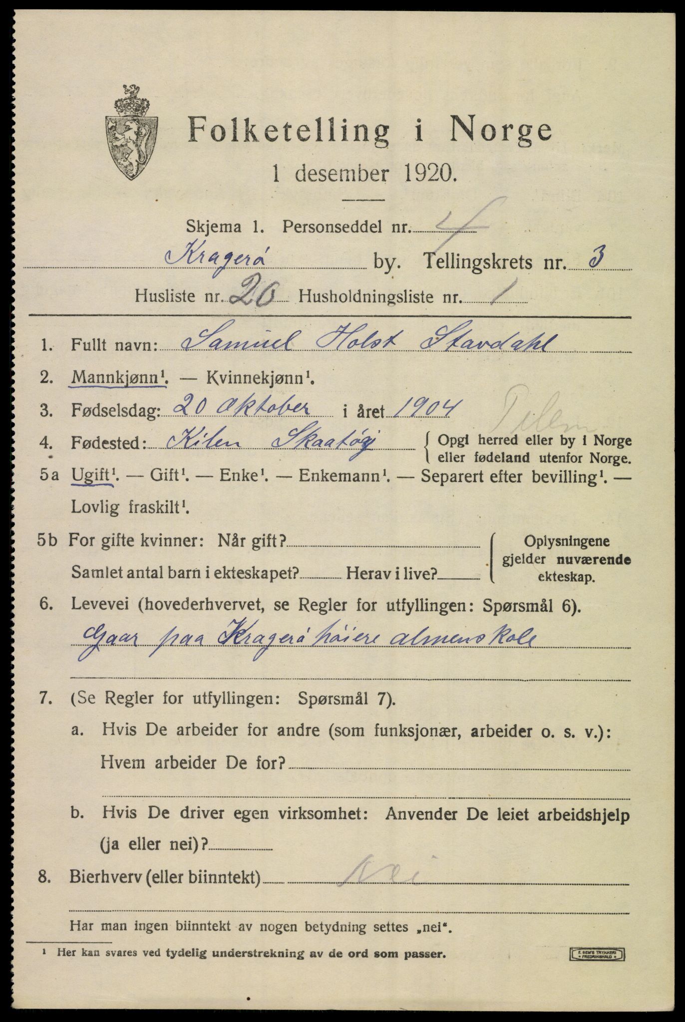 SAKO, Folketelling 1920 for 0801 Kragerø kjøpstad, 1920, s. 7289