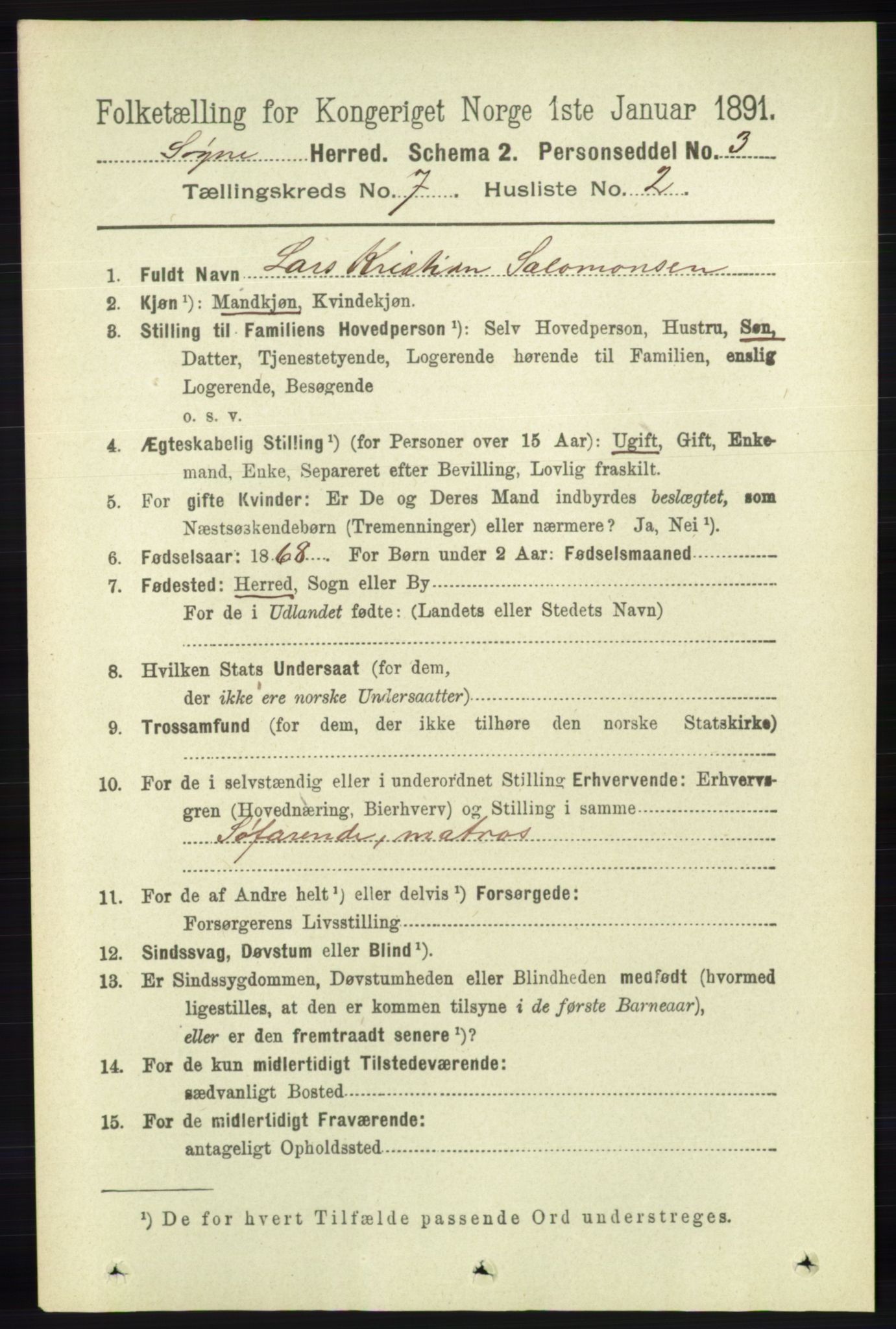 RA, Folketelling 1891 for 1018 Søgne herred, 1891, s. 1546