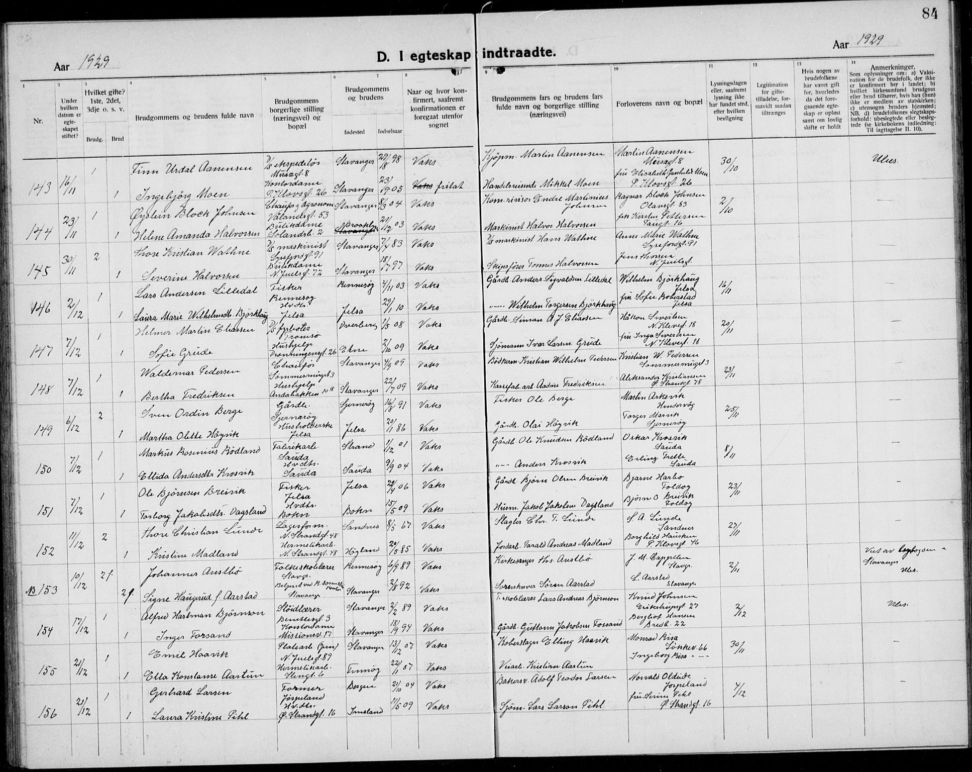 Domkirken sokneprestkontor, AV/SAST-A-101812/001/30/30BB/L0020: Klokkerbok nr. B 20, 1921-1937, s. 84