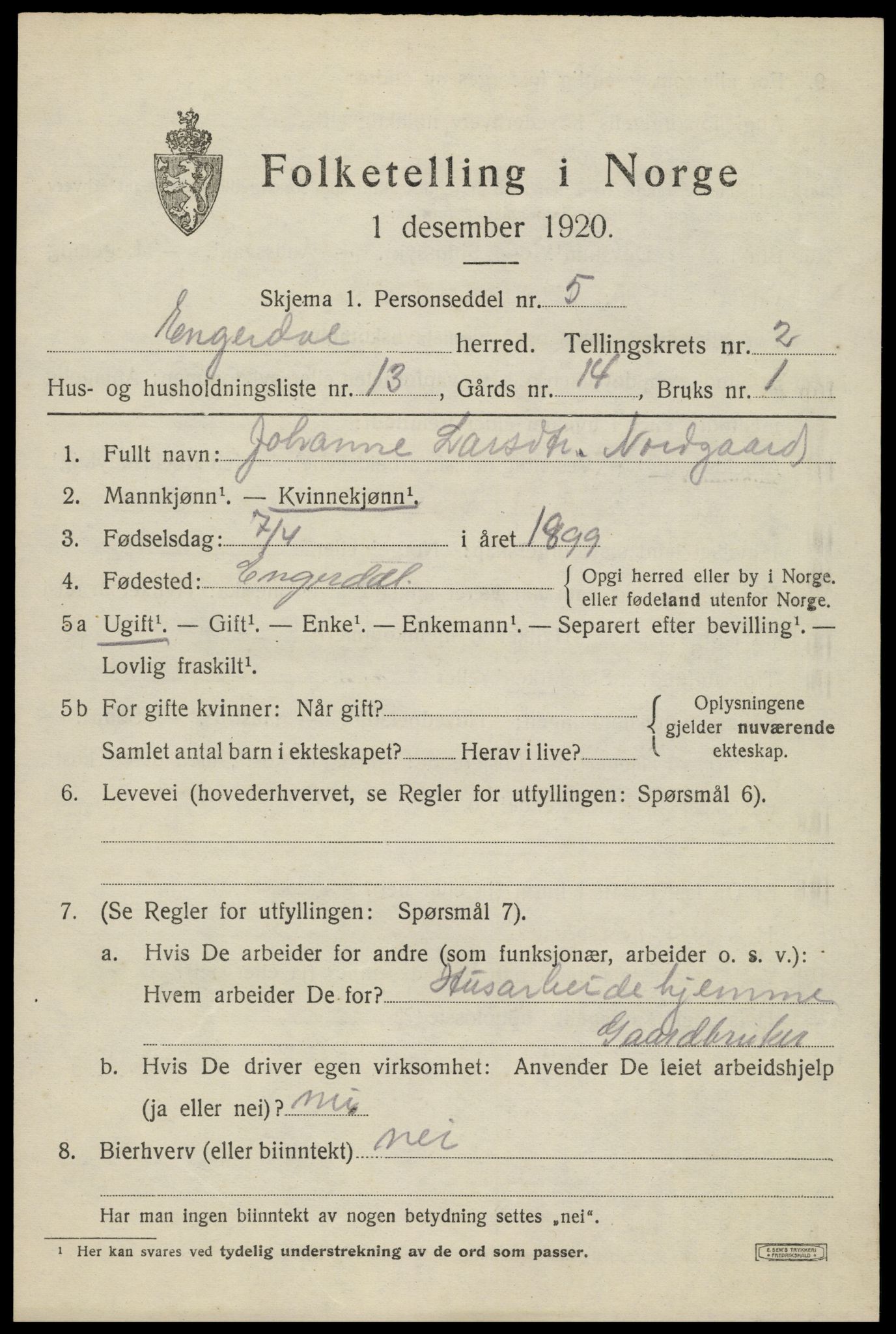 SAH, Folketelling 1920 for 0434 Engerdal herred, 1920, s. 1063