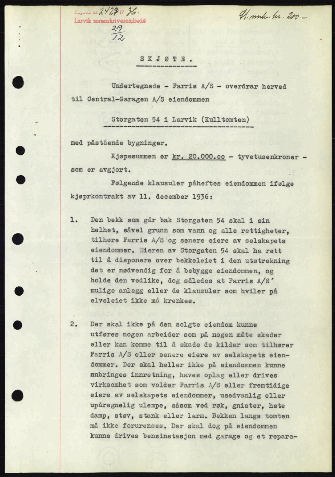 Larvik sorenskriveri, SAKO/A-83/G/Ga/Gab/L0067: Pantebok nr. A-1, 1936-1937, Dagboknr: 2427/1936