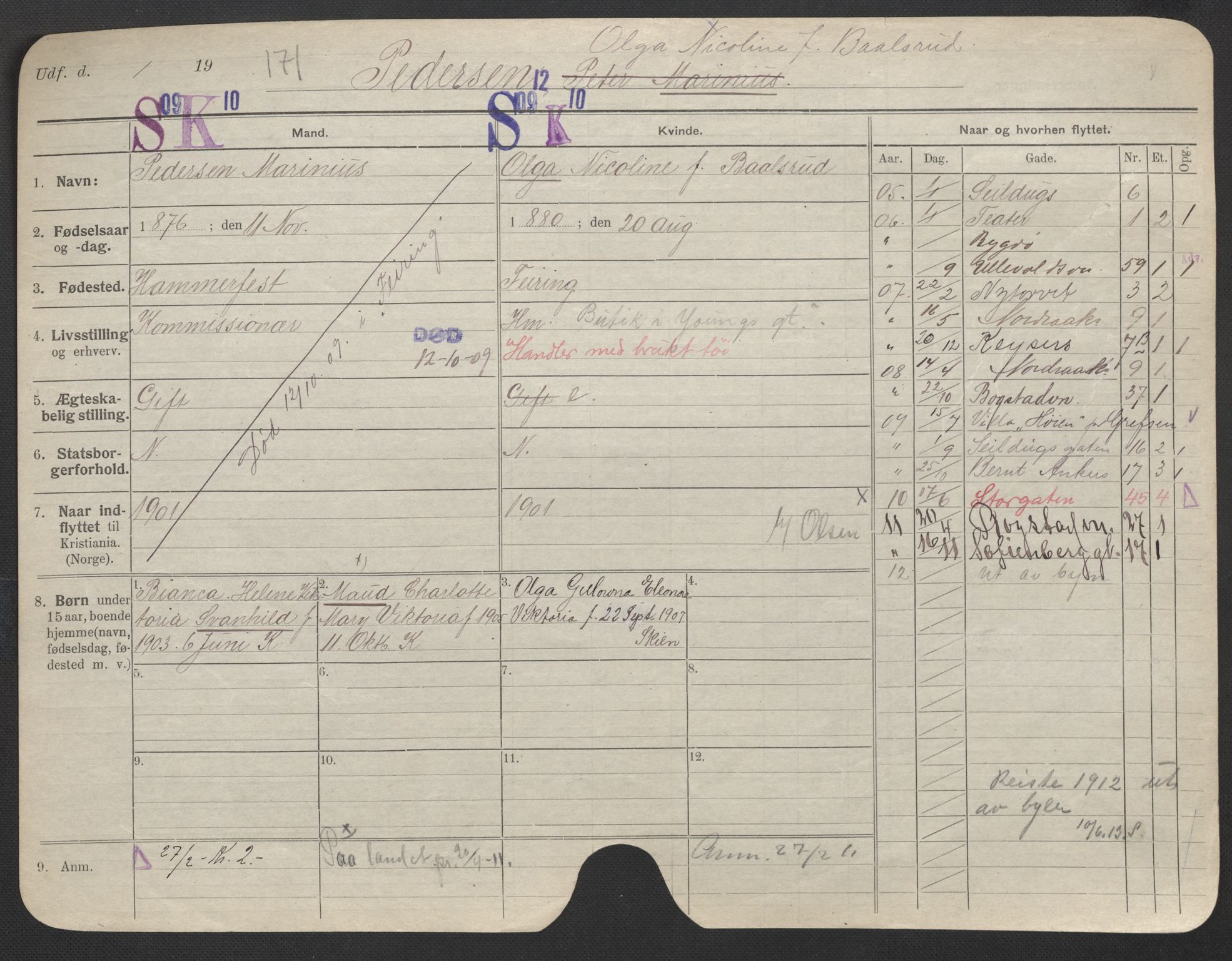 Oslo folkeregister, Registerkort, SAO/A-11715/F/Fa/Fac/L0022: Kvinner, 1906-1914, s. 850a