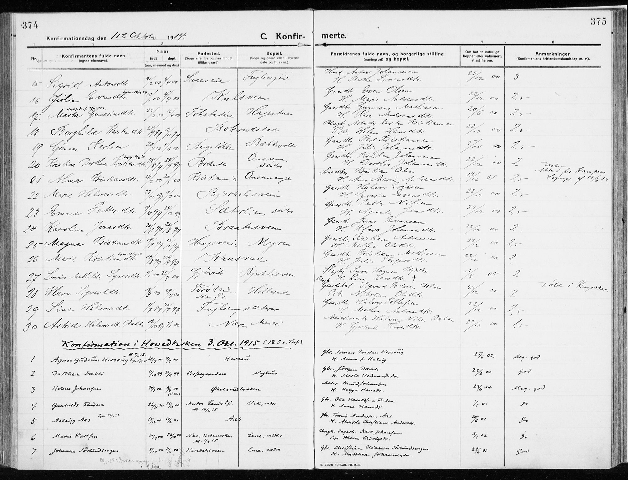 Ringsaker prestekontor, AV/SAH-PREST-014/K/Ka/L0020: Ministerialbok nr. 20, 1913-1922, s. 374-375
