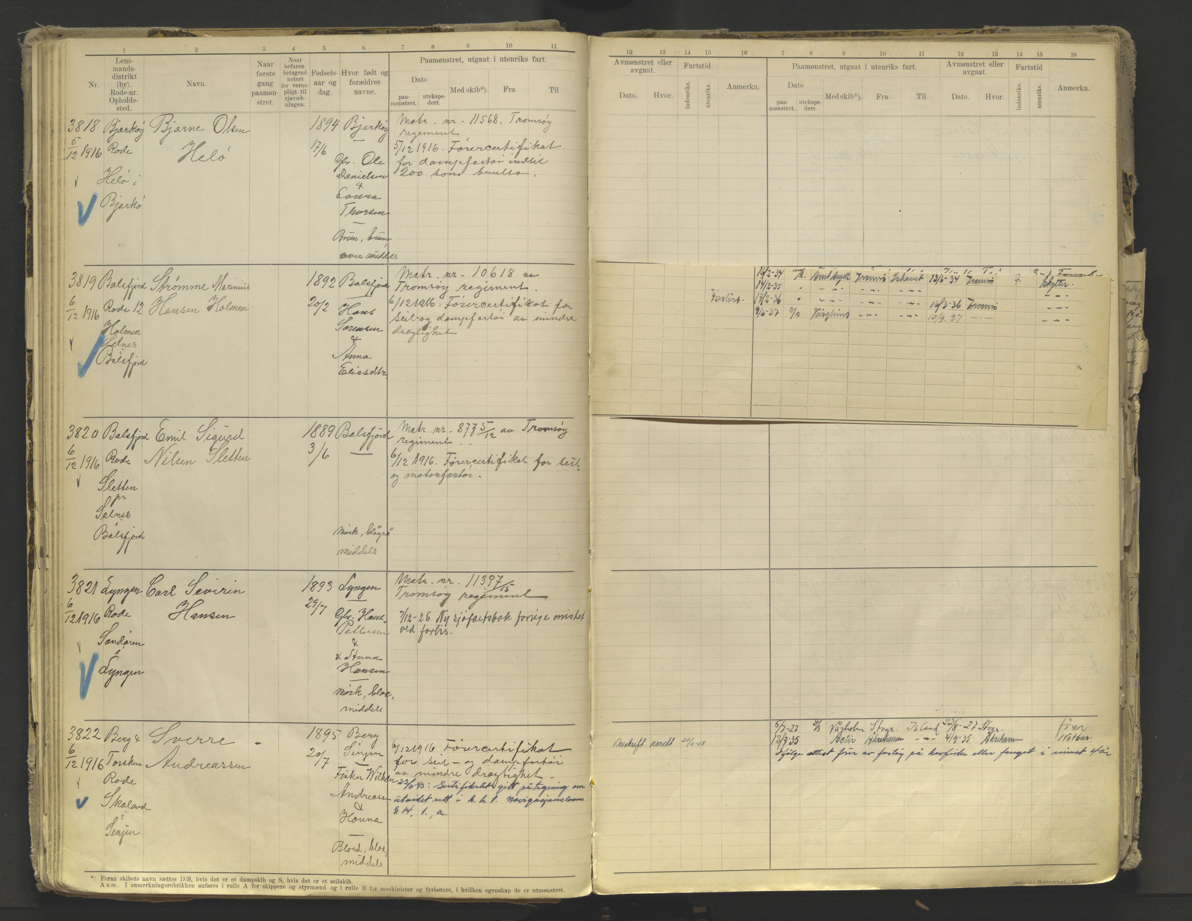 Tromsø sjømannskontor/innrullerings-/mønstringsdistrikt, AV/SATØ-S-0243/F/Fb/L0010: Annotasjonsrulle. Defekt: løs innbinding. Nr. 3519-4972, 1916-1920