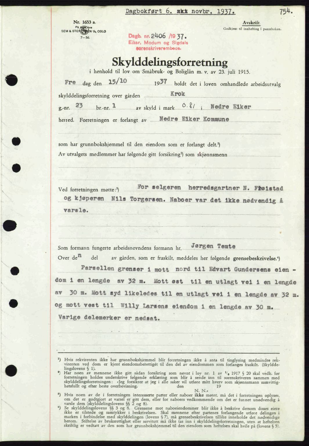 Eiker, Modum og Sigdal sorenskriveri, SAKO/A-123/G/Ga/Gab/L0036: Pantebok nr. A6, 1937-1937, Dagboknr: 2406/1937