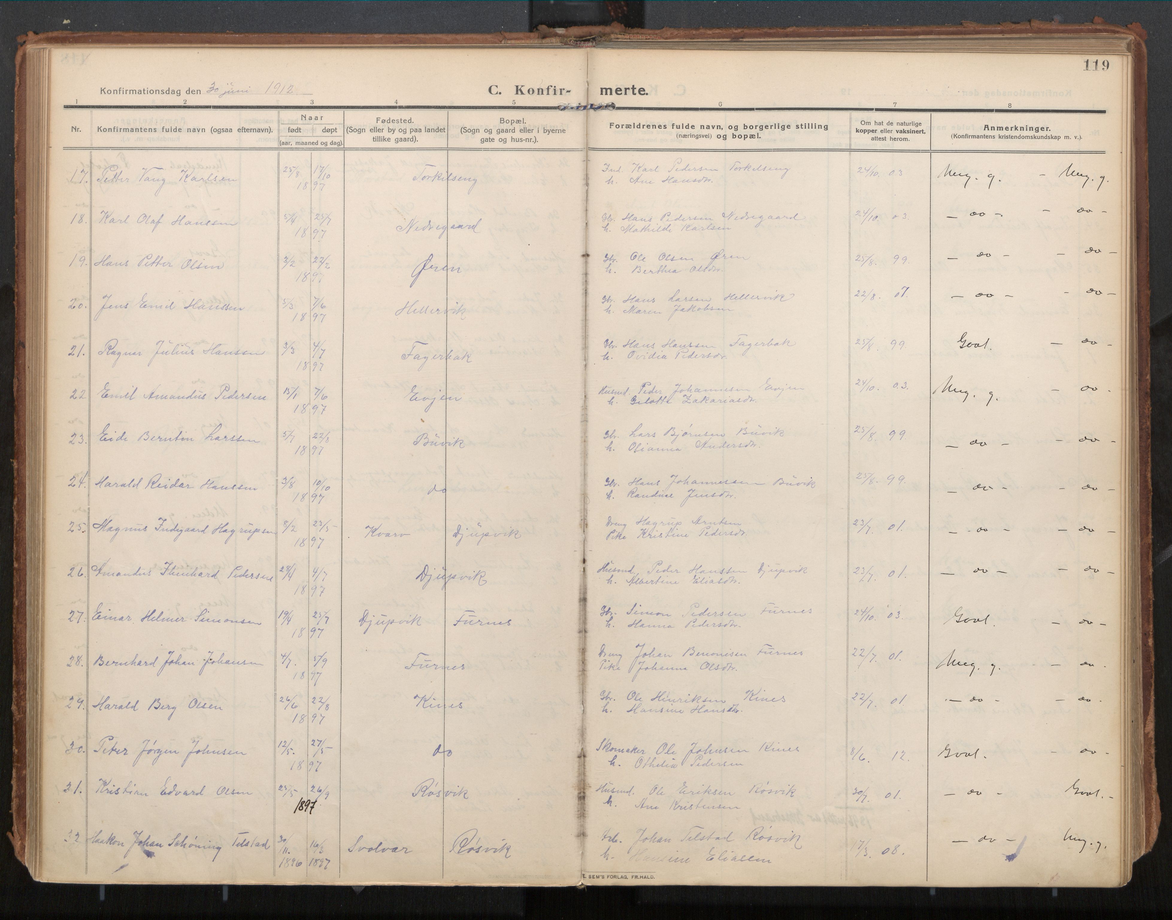 Ministerialprotokoller, klokkerbøker og fødselsregistre - Nordland, AV/SAT-A-1459/854/L0784: Ministerialbok nr. 854A07, 1910-1922, s. 119