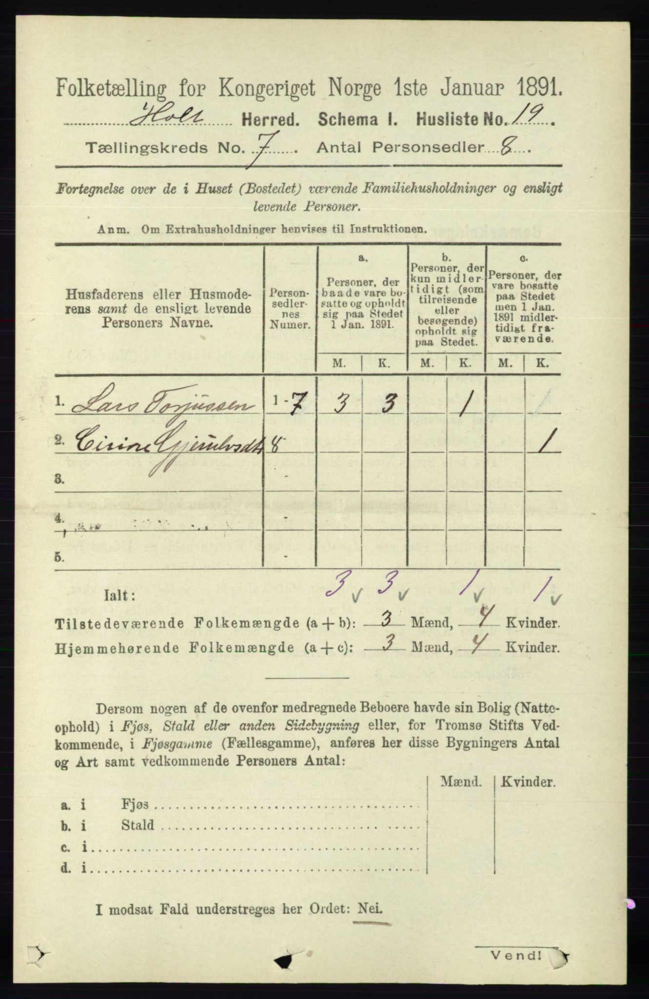 RA, Folketelling 1891 for 0914 Holt herred, 1891, s. 3313