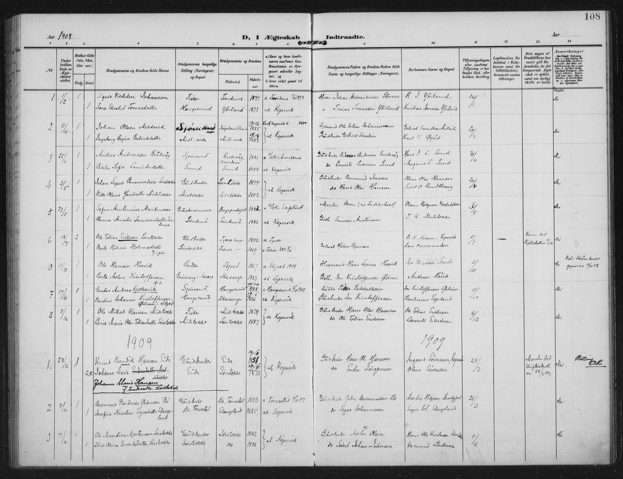 Kopervik sokneprestkontor, AV/SAST-A-101850/H/Ha/Haa/L0003: Ministerialbok nr. A 3, 1906-1924, s. 108