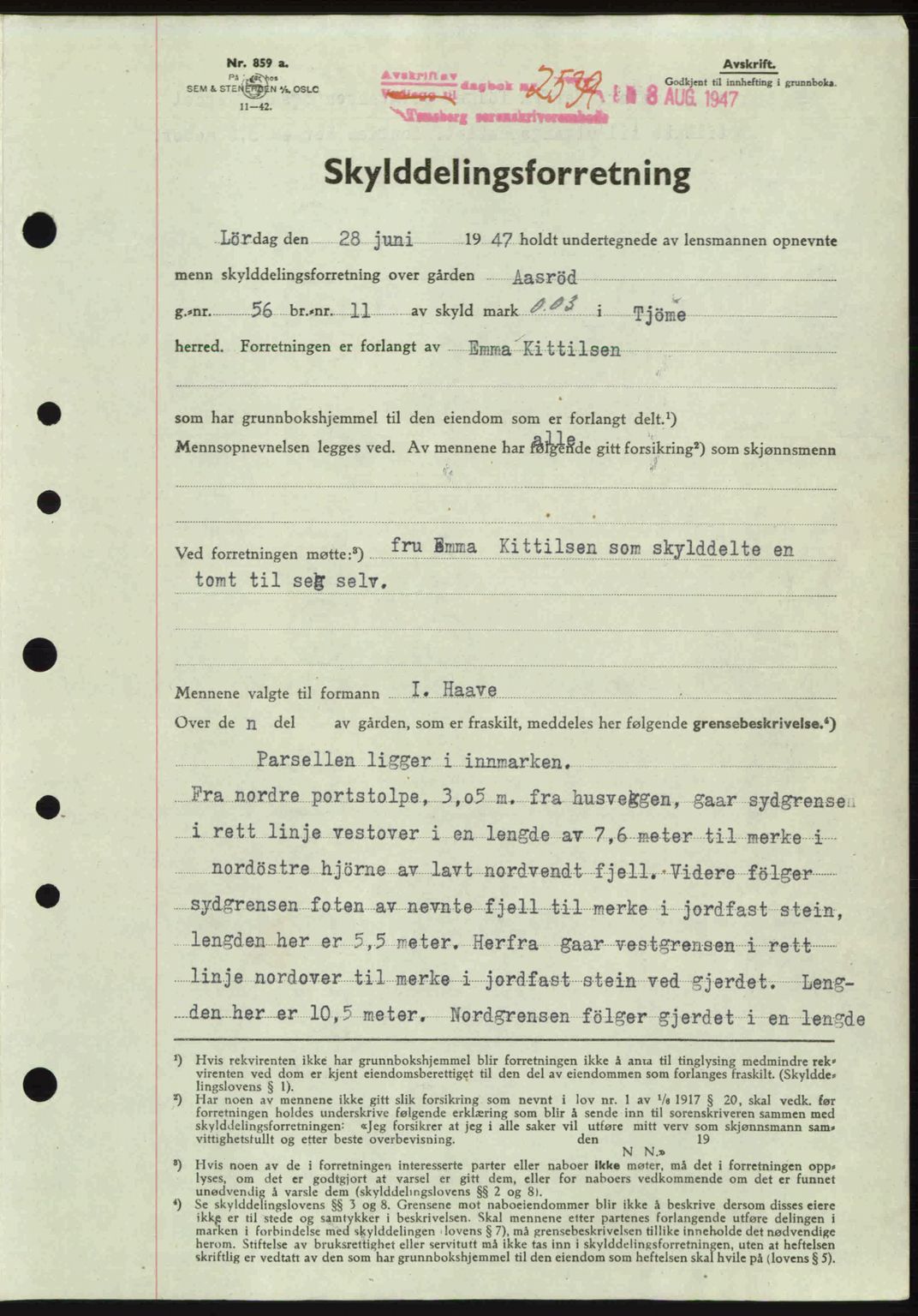 Tønsberg sorenskriveri, SAKO/A-130/G/Ga/Gaa/L0022: Pantebok nr. A22, 1947-1947, Dagboknr: 2539/1947