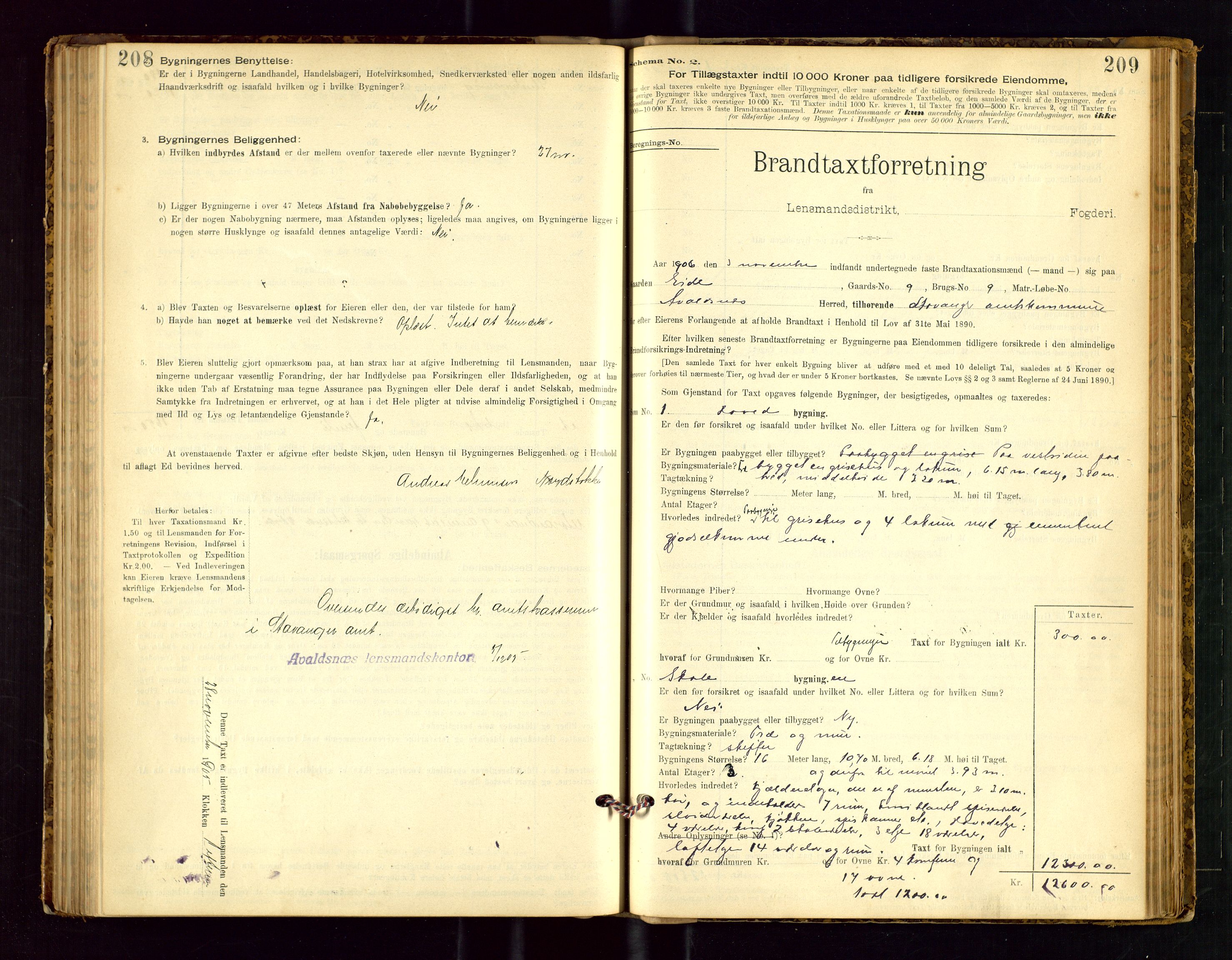 Avaldsnes lensmannskontor, AV/SAST-A-100286/Gob/L0001: "Brandtaxationsprotokol for Avaldsnes Lensmandsdistrikt Ryfylke Fogderi", 1894-1925, s. 208-209