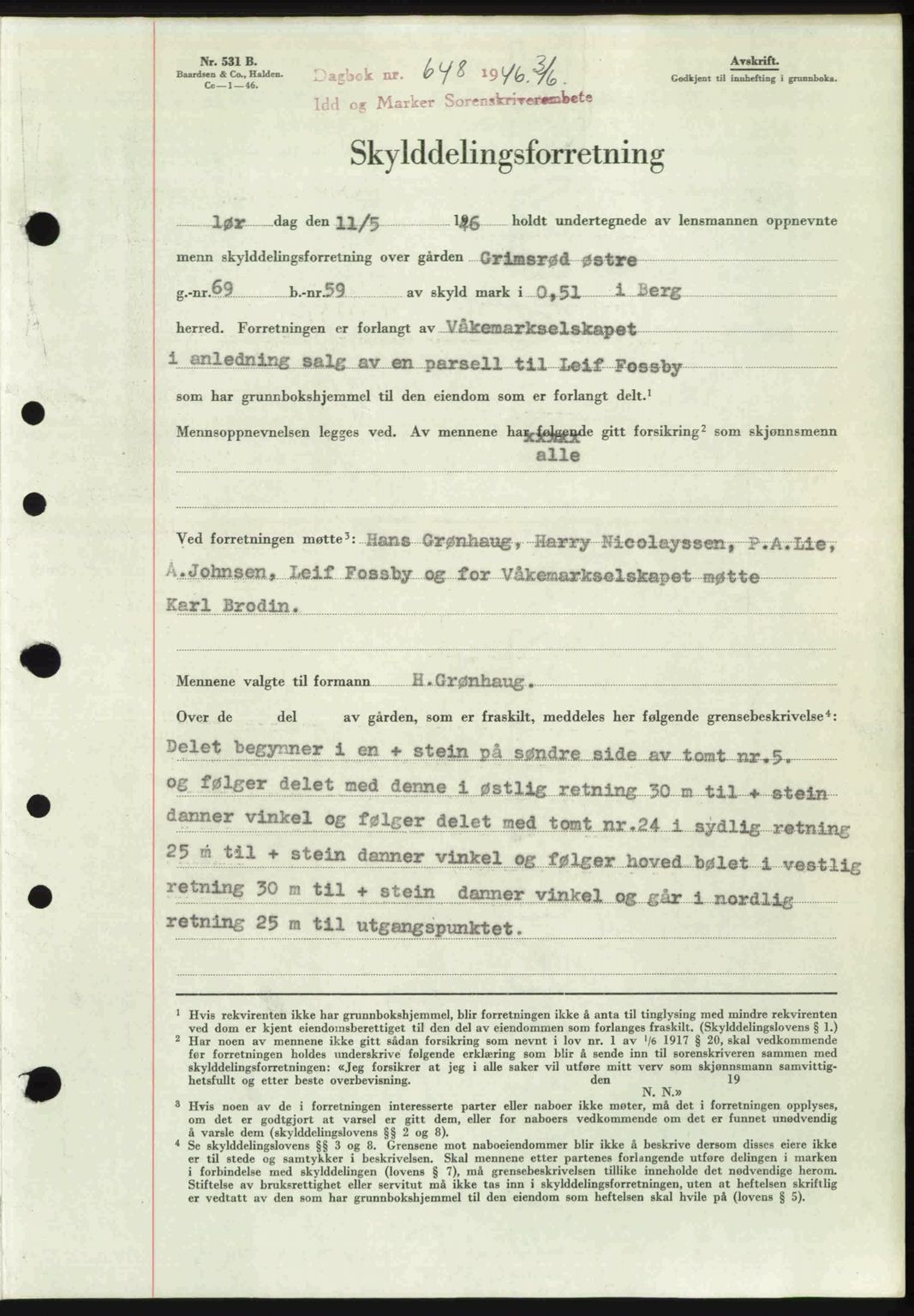 Idd og Marker sorenskriveri, AV/SAO-A-10283/G/Gb/Gbb/L0008: Pantebok nr. A8, 1946-1946, Dagboknr: 648/1946