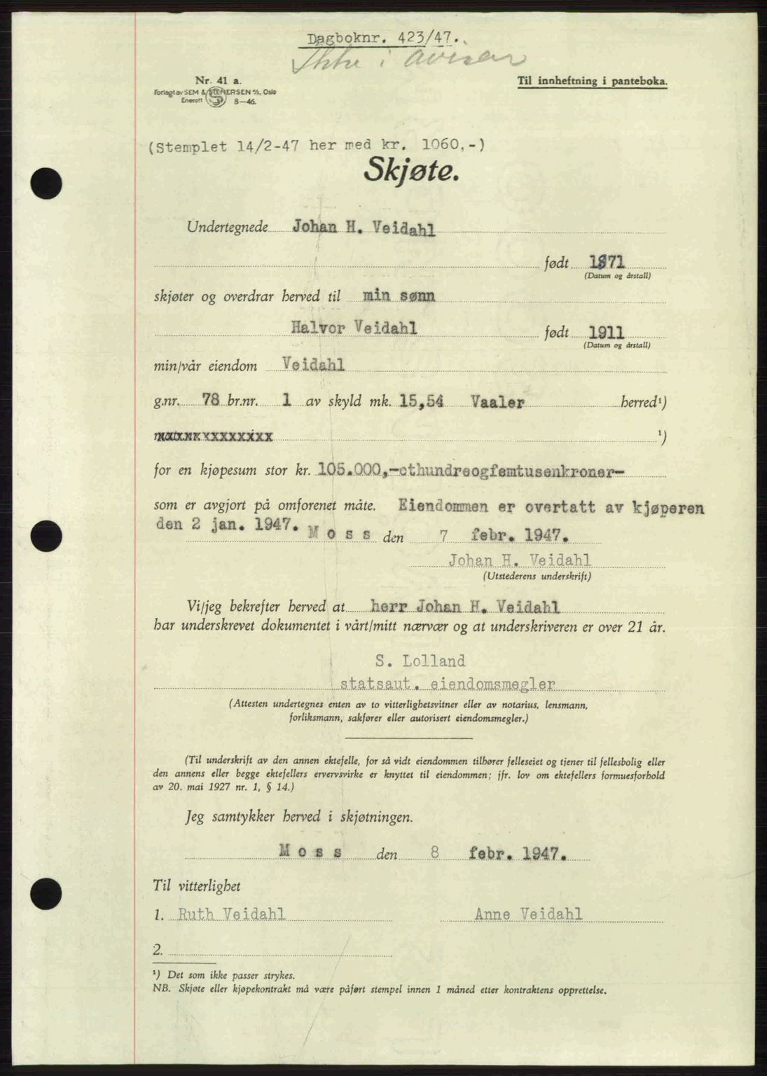 Moss sorenskriveri, SAO/A-10168: Pantebok nr. A17, 1947-1947, Dagboknr: 423/1947