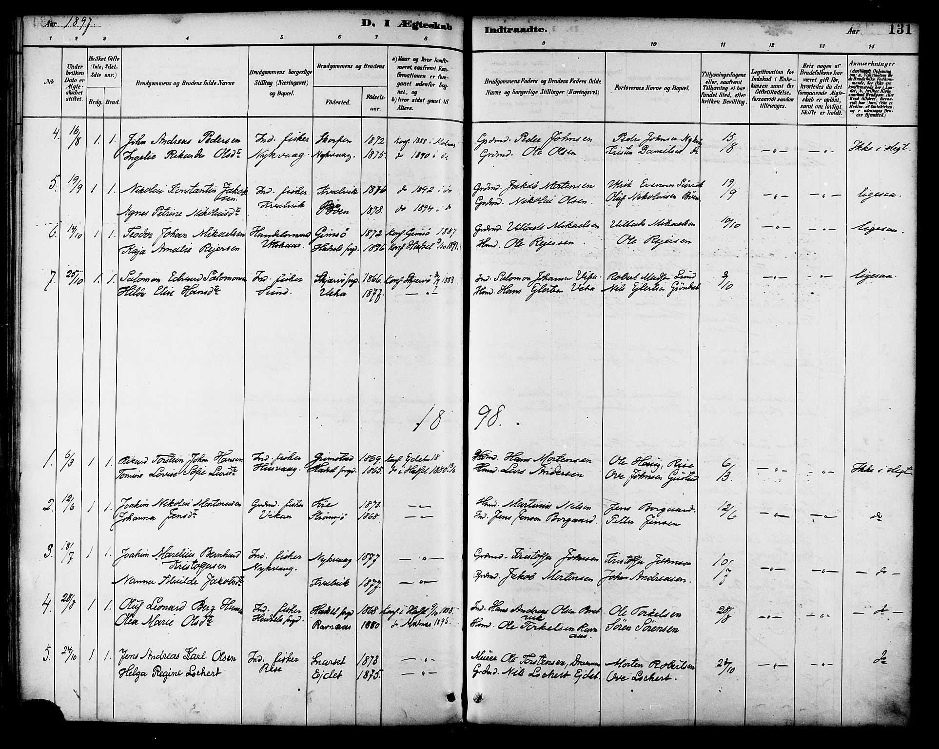Ministerialprotokoller, klokkerbøker og fødselsregistre - Nordland, AV/SAT-A-1459/892/L1320: Ministerialbok nr. 892A01, 1886-1901, s. 131