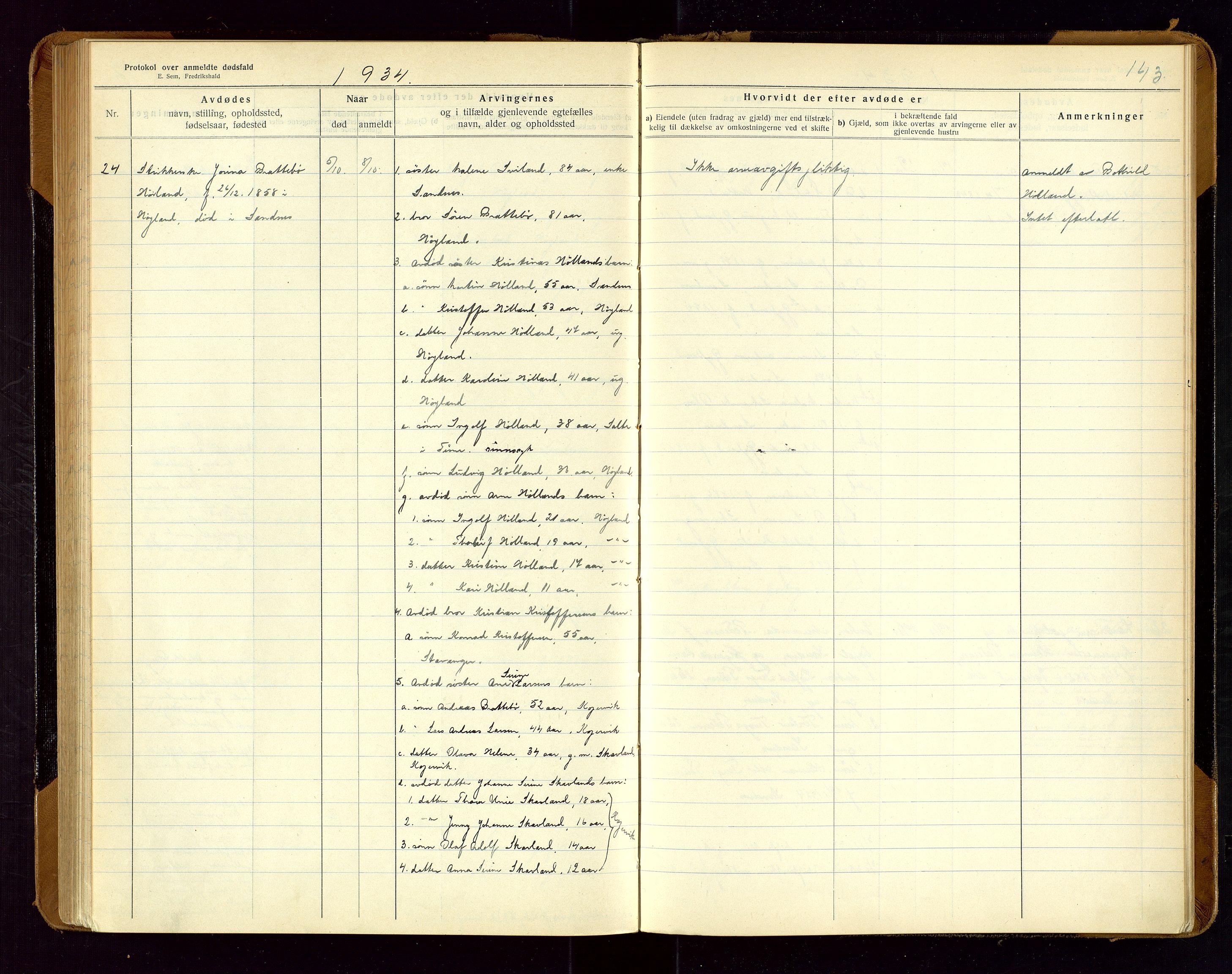 Sandnes lensmannskontor, SAST/A-100167/Gga/L0001: "Protokol over anmeldte dødsfald" m/register, 1918-1940, s. 143