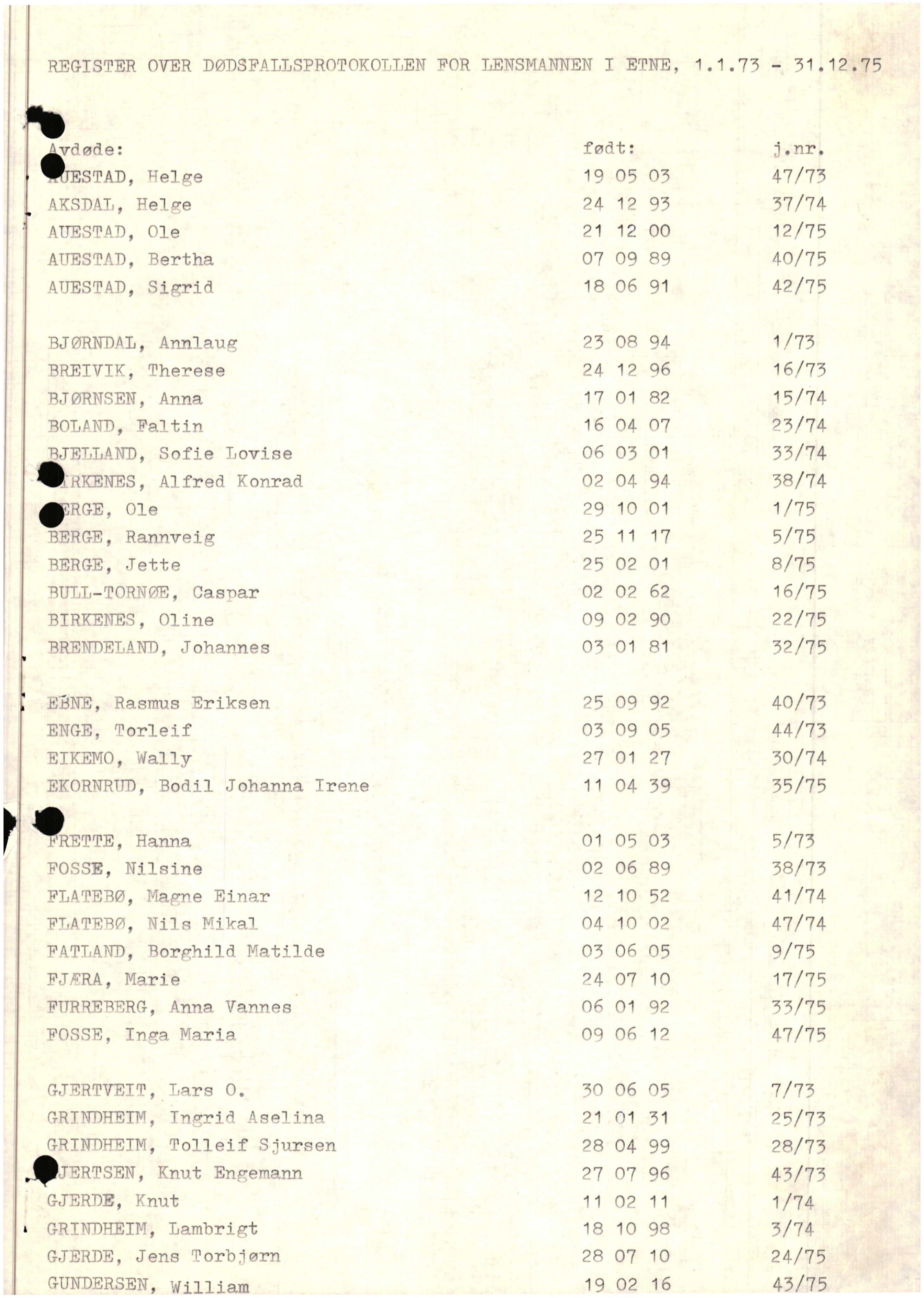 Lensmannen i Etne, AV/SAB-A-31601/0006/L0007: Dødsfallprotokoll, 1973-1984