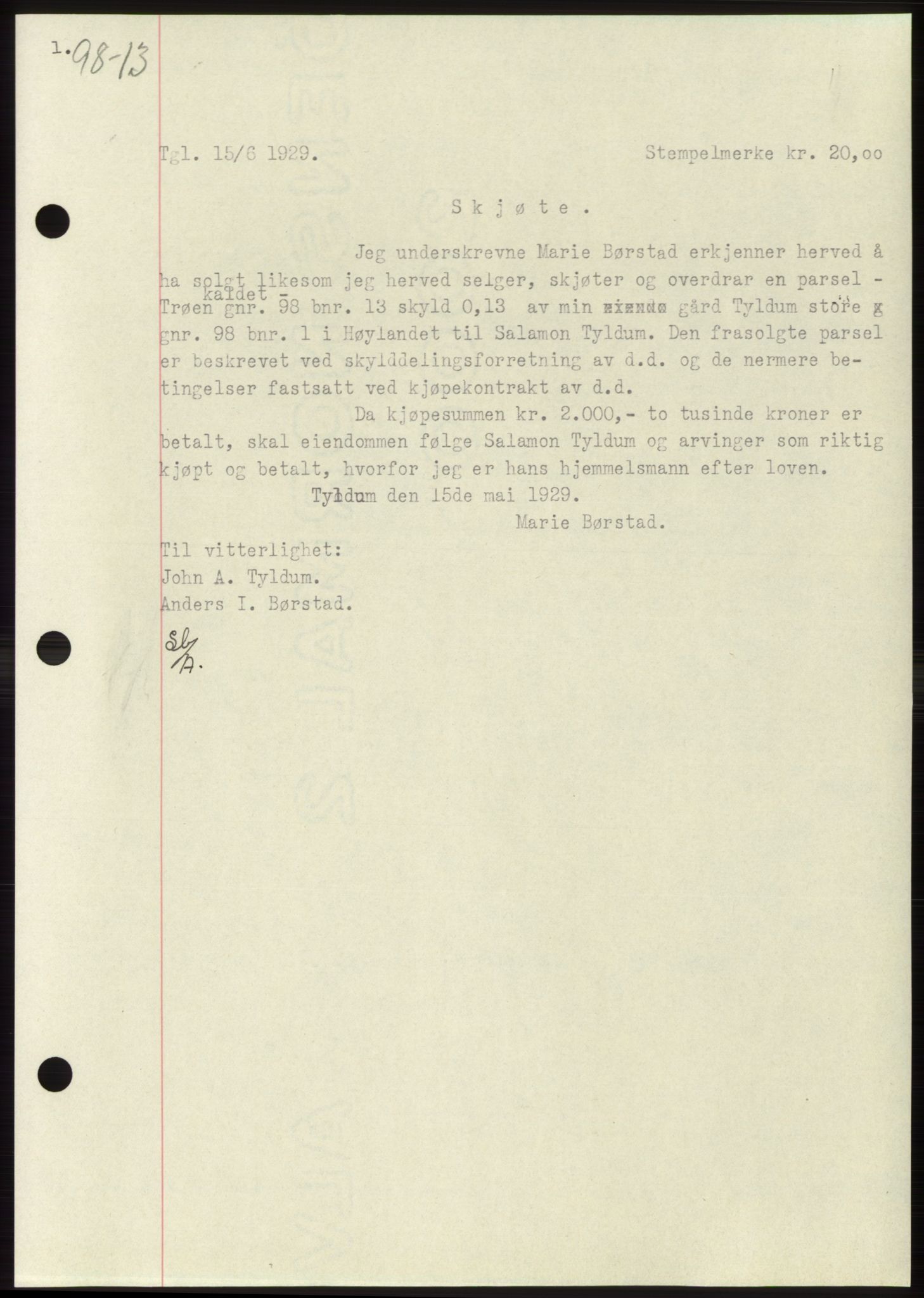 Namdal sorenskriveri, SAT/A-4133/1/2/2C: Pantebok nr. -, 1926-1930, Tingl.dato: 15.06.1929
