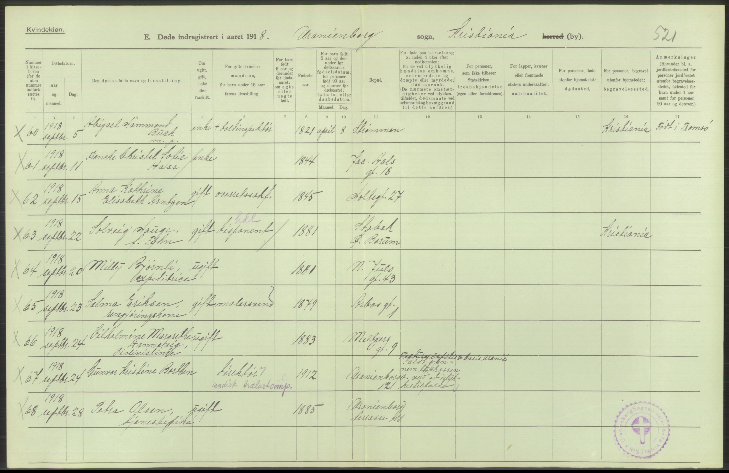 Statistisk sentralbyrå, Sosiodemografiske emner, Befolkning, AV/RA-S-2228/D/Df/Dfb/Dfbh/L0010: Kristiania: Døde, 1918, s. 228