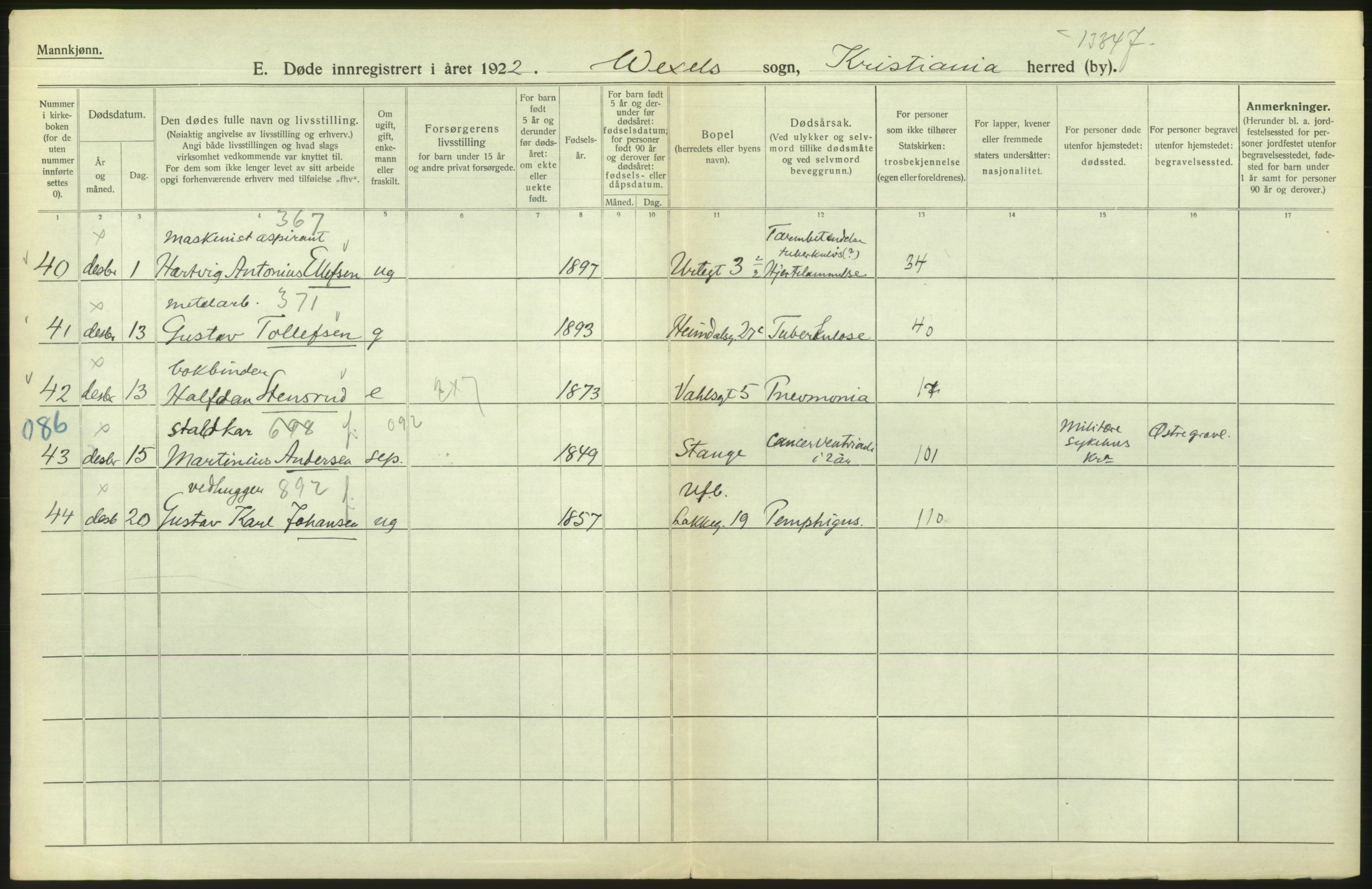 Statistisk sentralbyrå, Sosiodemografiske emner, Befolkning, AV/RA-S-2228/D/Df/Dfc/Dfcb/L0010: Kristiania: Døde, dødfødte, 1922, s. 286