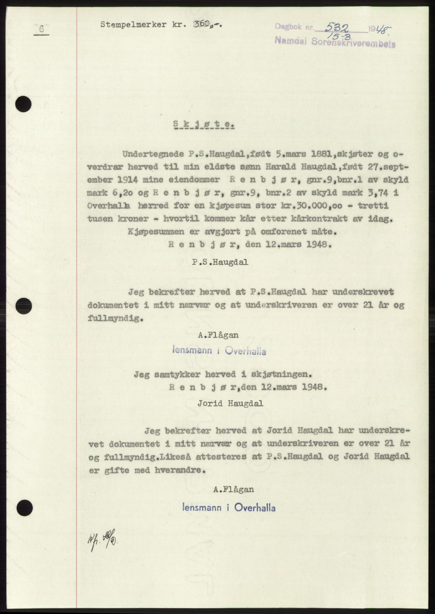 Namdal sorenskriveri, SAT/A-4133/1/2/2C: Pantebok nr. -, 1947-1948, Dagboknr: 532/1948