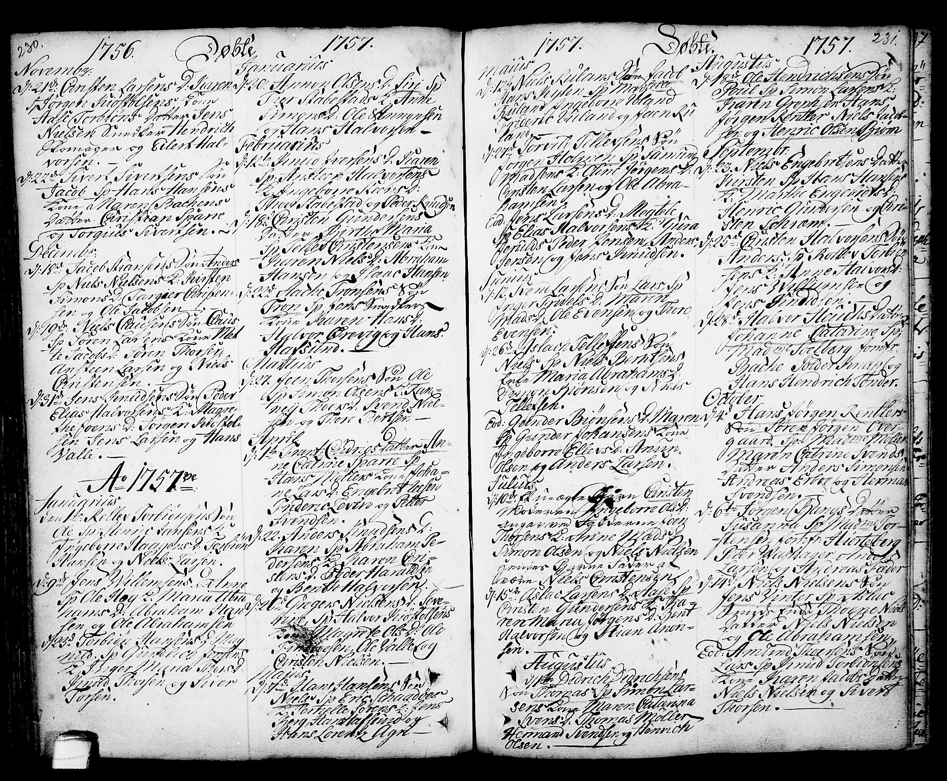 Kragerø kirkebøker, AV/SAKO-A-278/F/Fa/L0001: Ministerialbok nr. 1, 1702-1766, s. 230-231