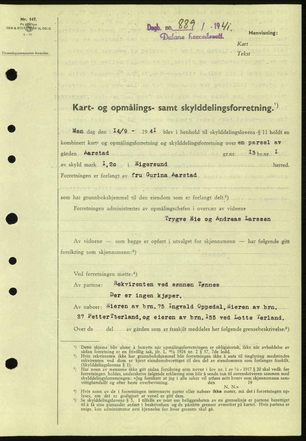 Dalane sorenskriveri, SAST/A-100309/02/G/Gb/L0045: Pantebok nr. A6, 1941-1942, Dagboknr: 889/1941