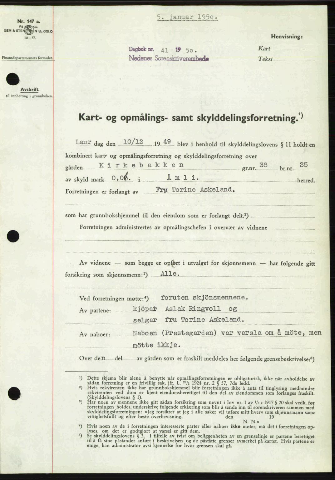 Nedenes sorenskriveri, AV/SAK-1221-0006/G/Gb/Gba/L0062: Pantebok nr. A14, 1949-1950, Dagboknr: 41/1950