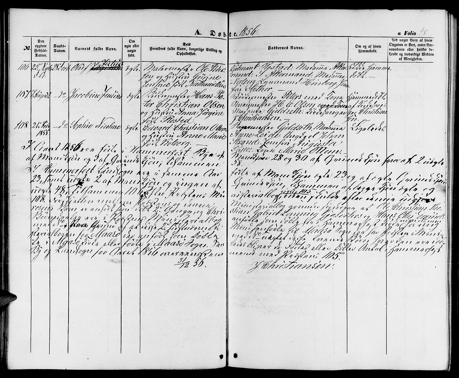 Hammerfest sokneprestkontor, SATØ/S-1347/H/Hb/L0002.klokk: Klokkerbok nr. 2, 1851-1861, s. 48