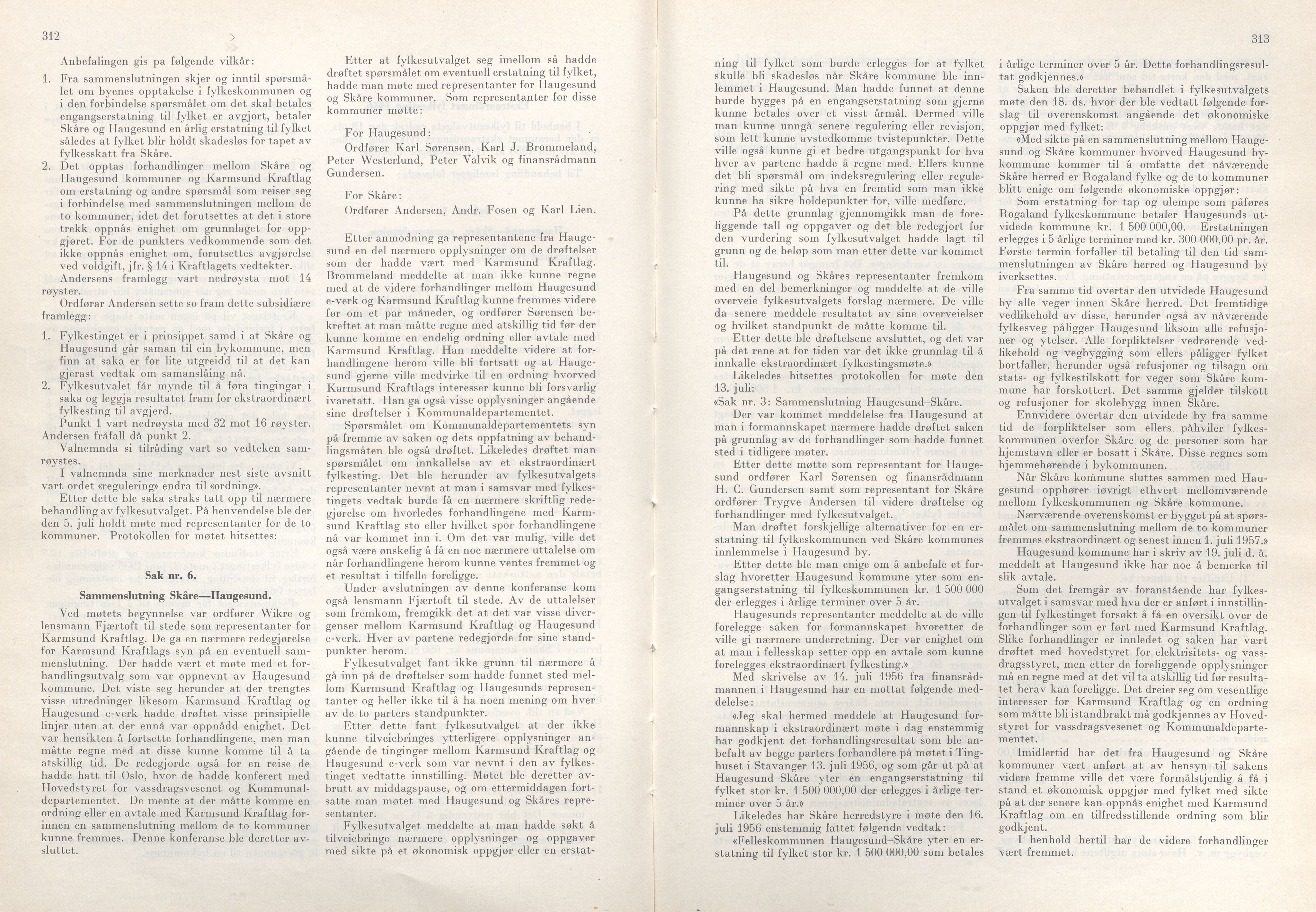 Rogaland fylkeskommune - Fylkesrådmannen , IKAR/A-900/A/Aa/Aaa/L0075: Møtebok , 1956, s. 312-313