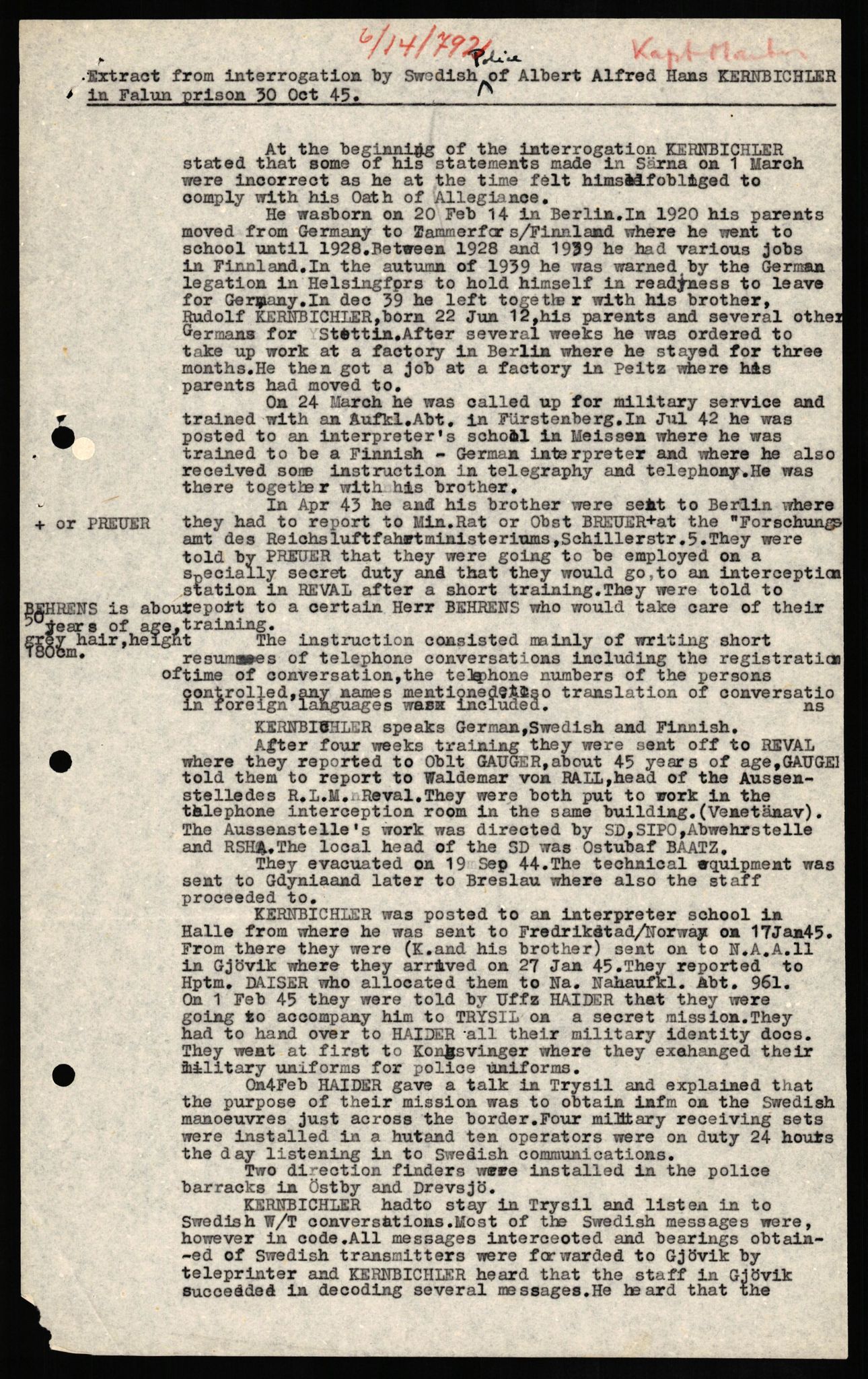 Forsvaret, Forsvarets overkommando II, AV/RA-RAFA-3915/D/Db/L0016: CI Questionaires. Tyske okkupasjonsstyrker i Norge. Tyskere., 1945-1946, s. 397