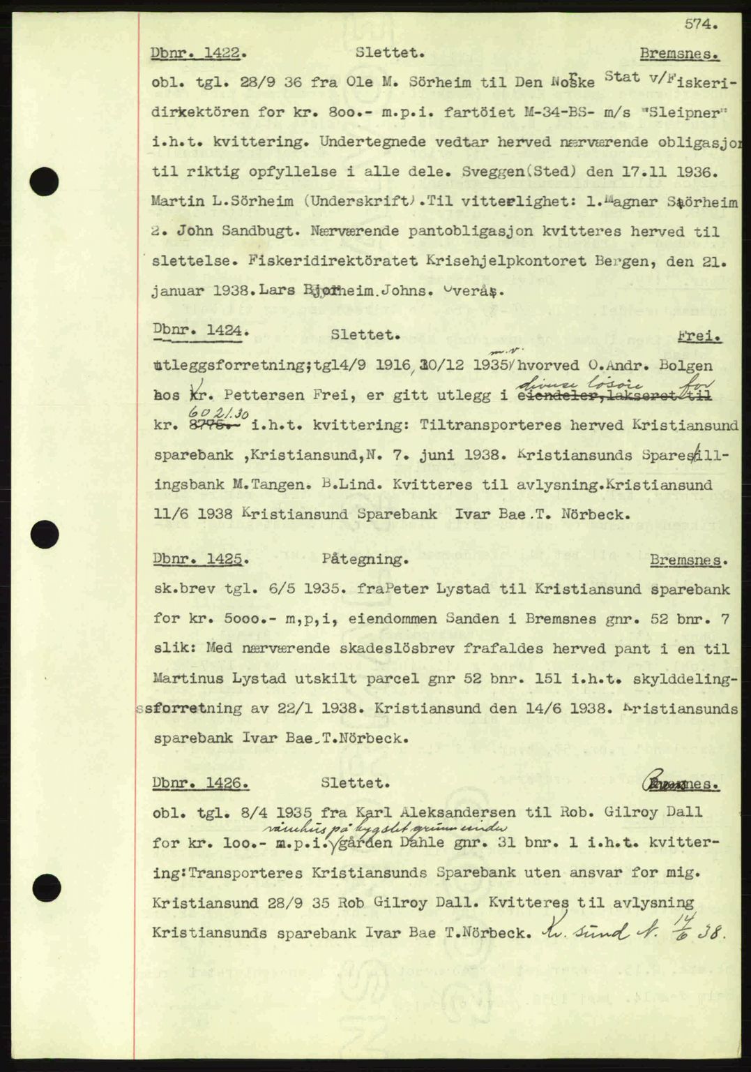 Nordmøre sorenskriveri, SAT/A-4132/1/2/2Ca: Pantebok nr. C80, 1936-1939, Dagboknr: 1422/1938