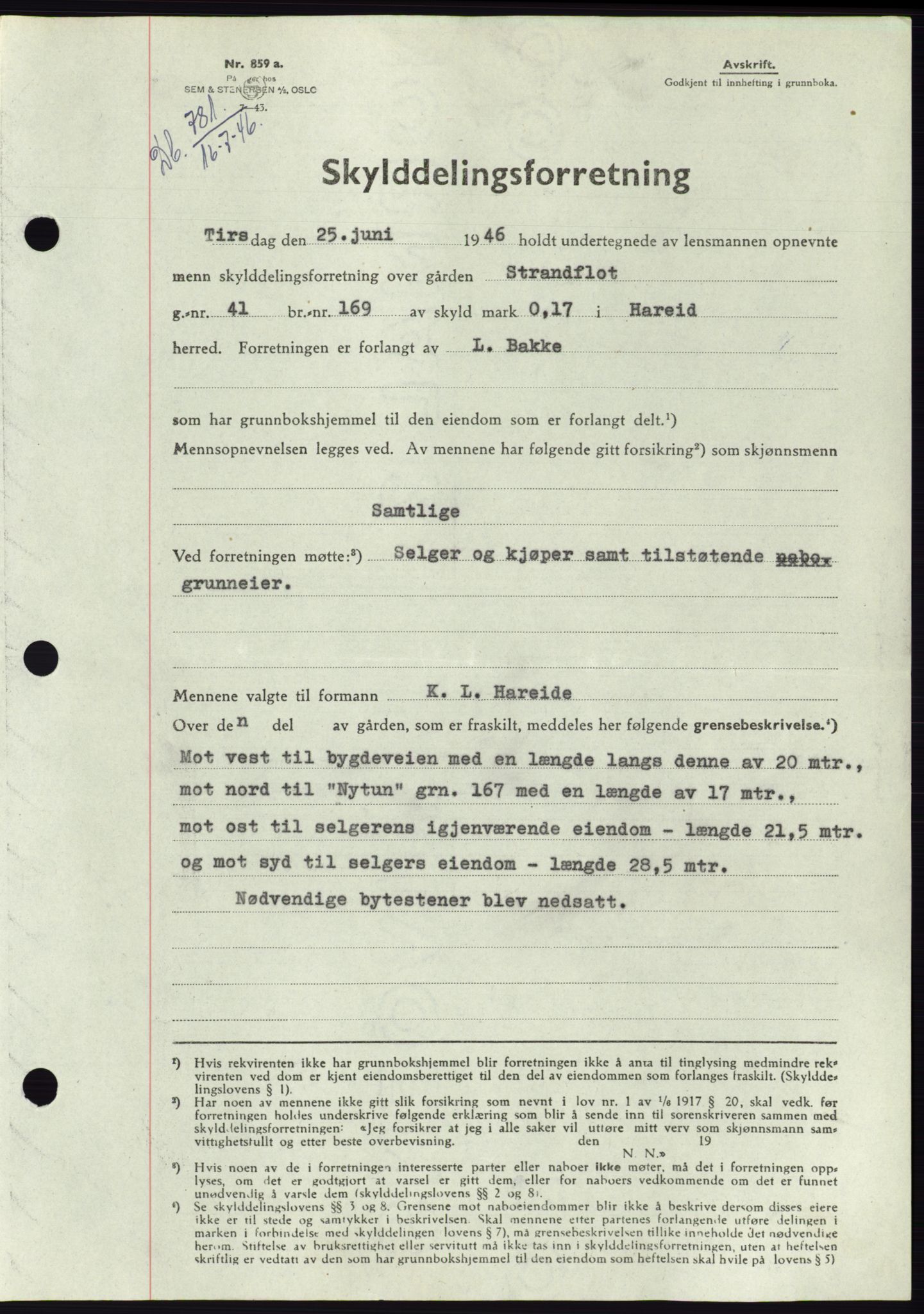 Søre Sunnmøre sorenskriveri, SAT/A-4122/1/2/2C/L0078: Pantebok nr. 4A, 1946-1946, Dagboknr: 781/1946