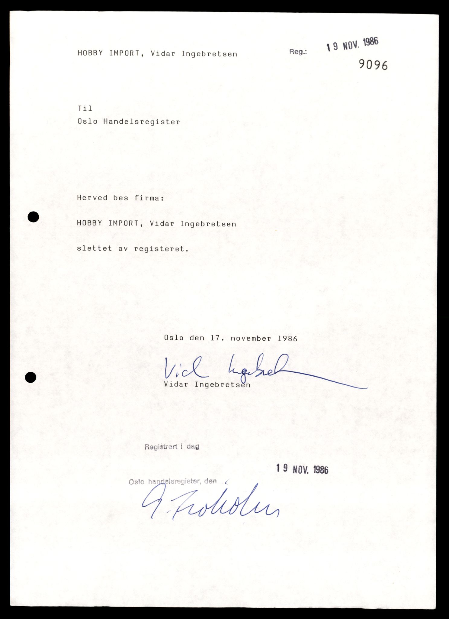 Oslo byfogd, Handelsregisteret, AV/SAT-A-10867/G/Gb/Gbb/L0086: Registreringsmeldinger, Ho-Kp, 1986, s. 3