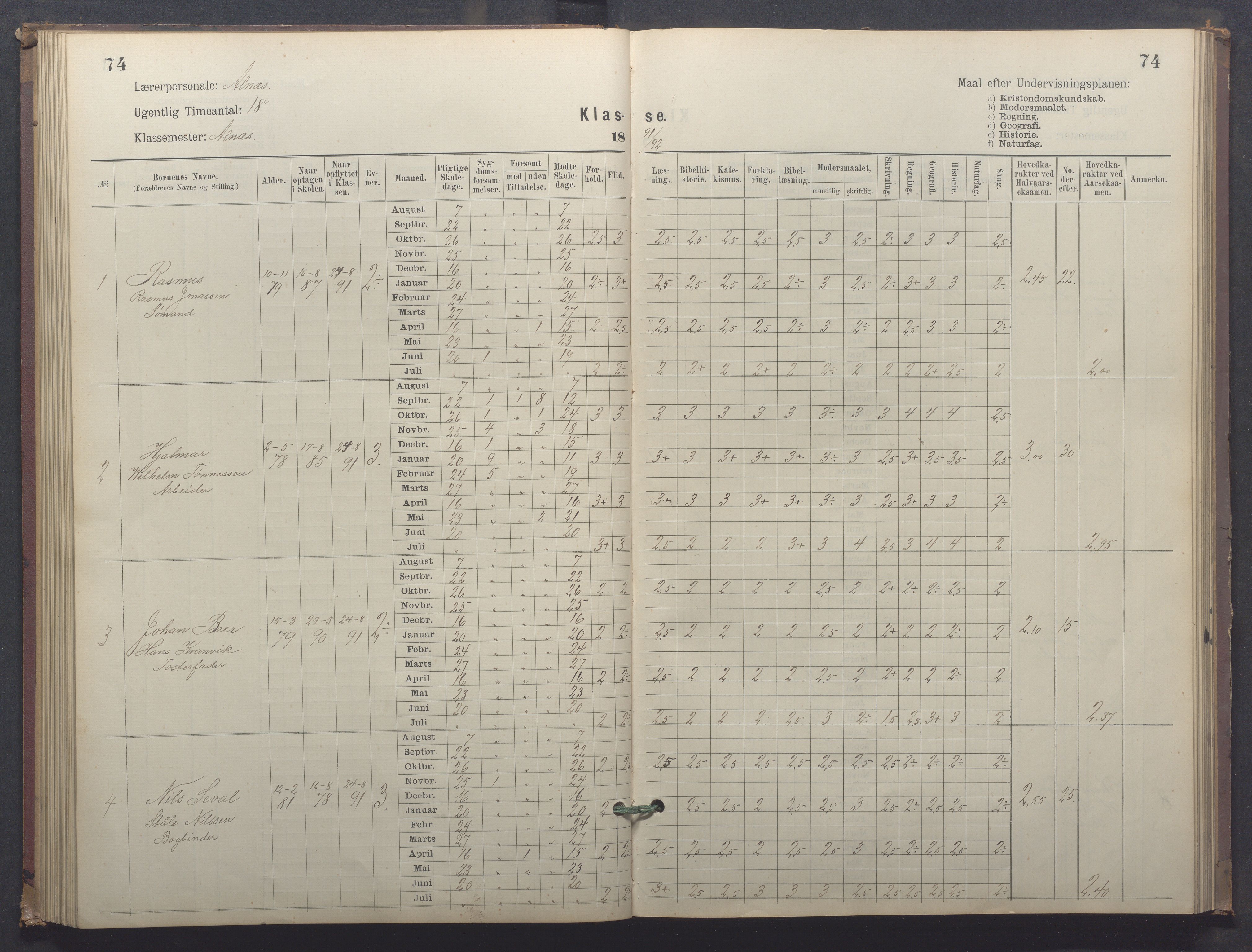 Egersund kommune (Ladested) - Egersund almueskole/folkeskole, IKAR/K-100521/H/L0025: Skoleprotokoll - Almueskolen, 4. klasse, 1887-1892, s. 74