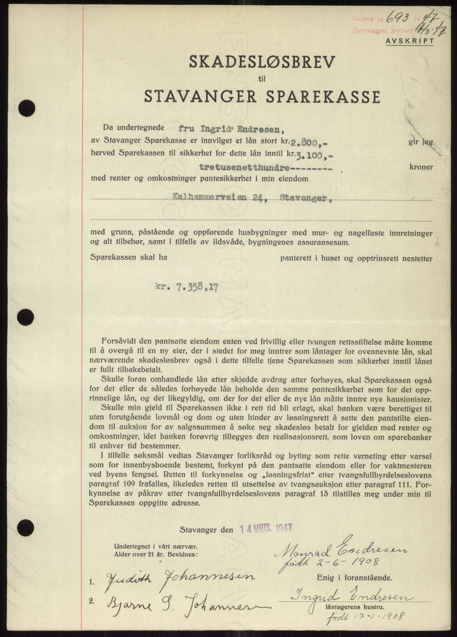 Stavanger byrett, SAST/A-100455/002/G/Gb/L0031: Pantebok, 1943-1947, Dagboknr: 693/1947