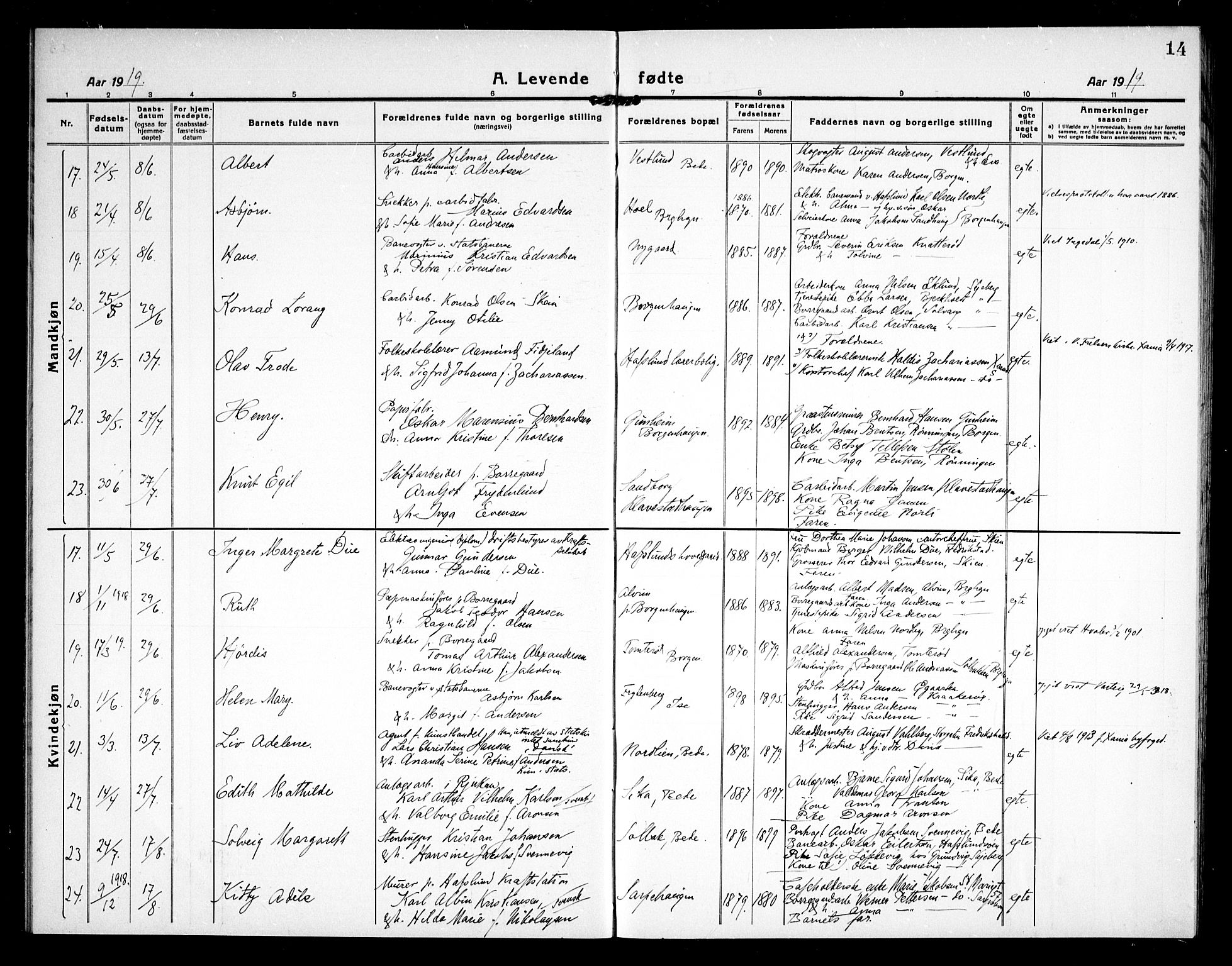 Skjeberg prestekontor Kirkebøker, AV/SAO-A-10923/G/Gd/L0002: Klokkerbok nr. IV 2, 1917-1931, s. 14